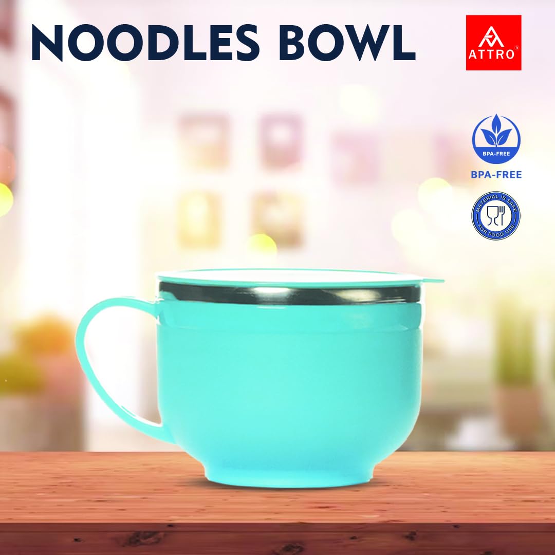 Attro 500ml Stainless Steel Noodle Bowl with Spoon Holder - Lightweight, Stackable, Durable Soup Bowl for Ramen, Maggi & Instant Noodles - Perfect for Camping, Dorm Rooms & Office Lunch (Blue)