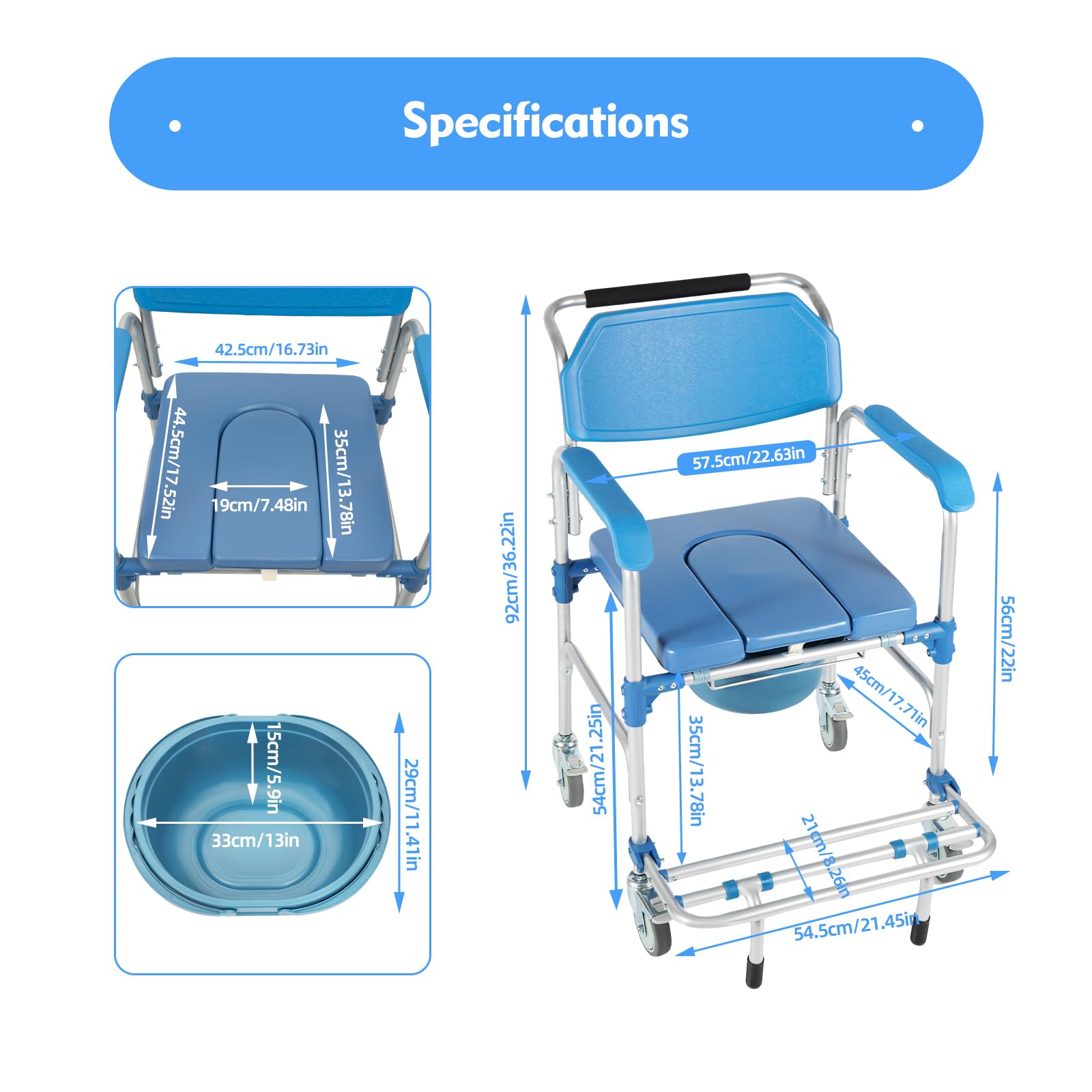 Portable Aluminum Wheelchair Shower Commode Chair with Casters - Lightweight Medical Mobility Aid for Elderly & Disabled - Ideal for Bathroom Safety, Home Care & Assisted Living Facilities