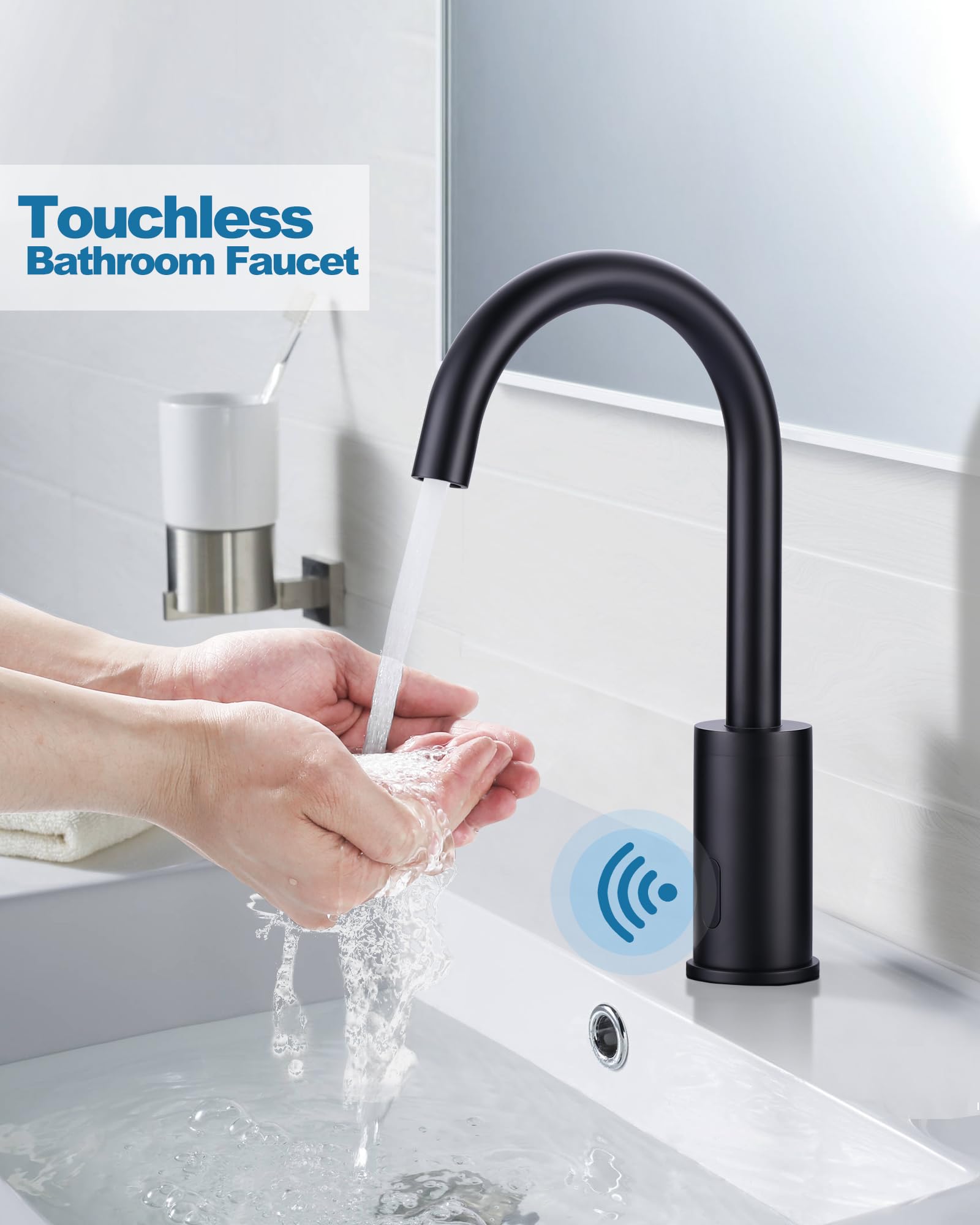 Automatic Touchless Bathroom Faucet - Tall Single Hole Sensor Sink Faucet with Temperature Mixer & Deck Plate, Matte Black - Ideal for Modern Vanities & Hygienic Hand Washing