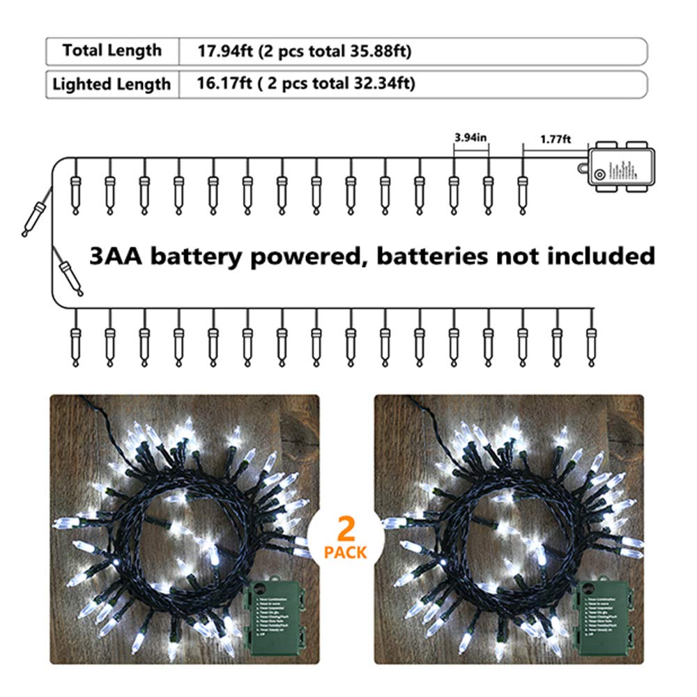 BrizLabs 2 Pack 17.94ft 50 LED Battery Operated Christmas String Lights with Timer - 8 Lighting Modes, Waterproof White Mini Lights for Indoor Outdoor Christmas Tree, Wedding, Party & Home Decor