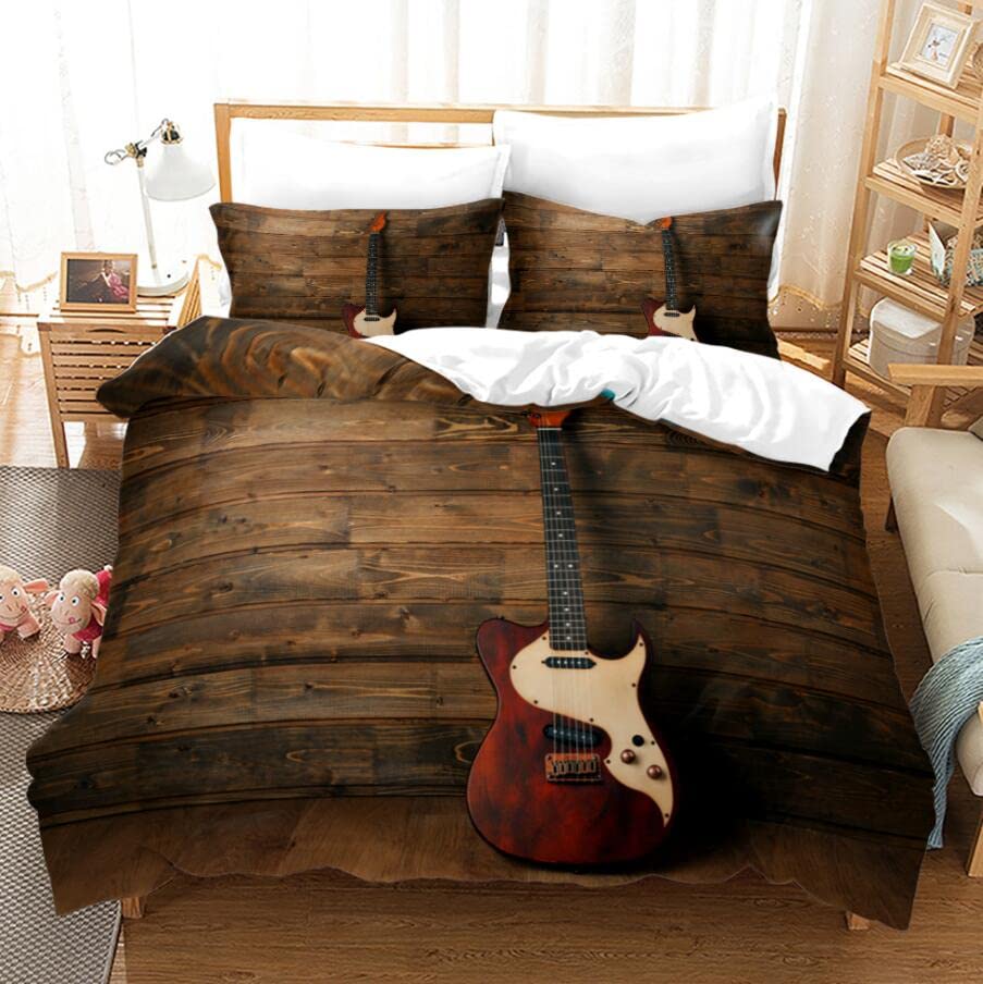 Vintage Wood Guitar Print King Size Duvet Cover Set - 3 Piece Bedding Comforter Cover with Pillowcases (No Insert) - Perfect for Music Lovers Bedroom Decor & Gift Ideas
