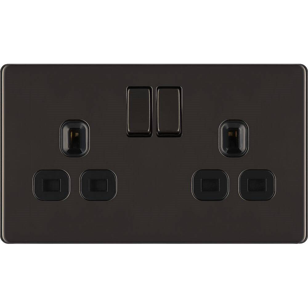 BG Nexus Screwless Black Nickel 13A Double Socket FBN22B - Modern Electrical Outlet for Home & Office Use | Easy Installation, Safe & Durable Power Socket for Bedrooms, Kitchens & Workspaces