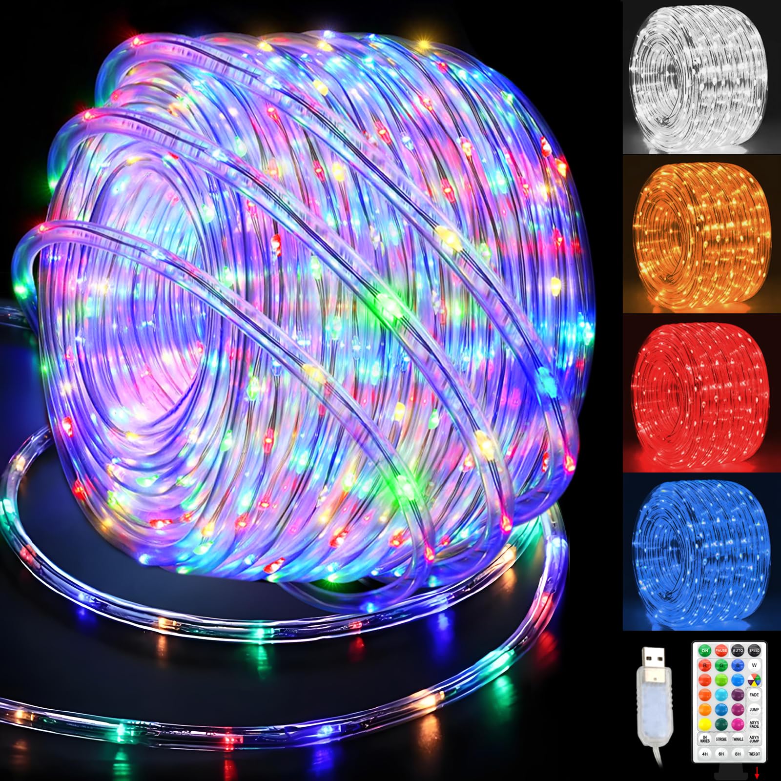 66ft 200 LED USB Powered Rope Lights - Waterproof Outdoor String Lights with 16 Color Changing Modes for Christmas, Garden, Party & Camping Decor - Perfect for Indoor/Outdoor Holiday Lighting, Landscape Accents and Special Events