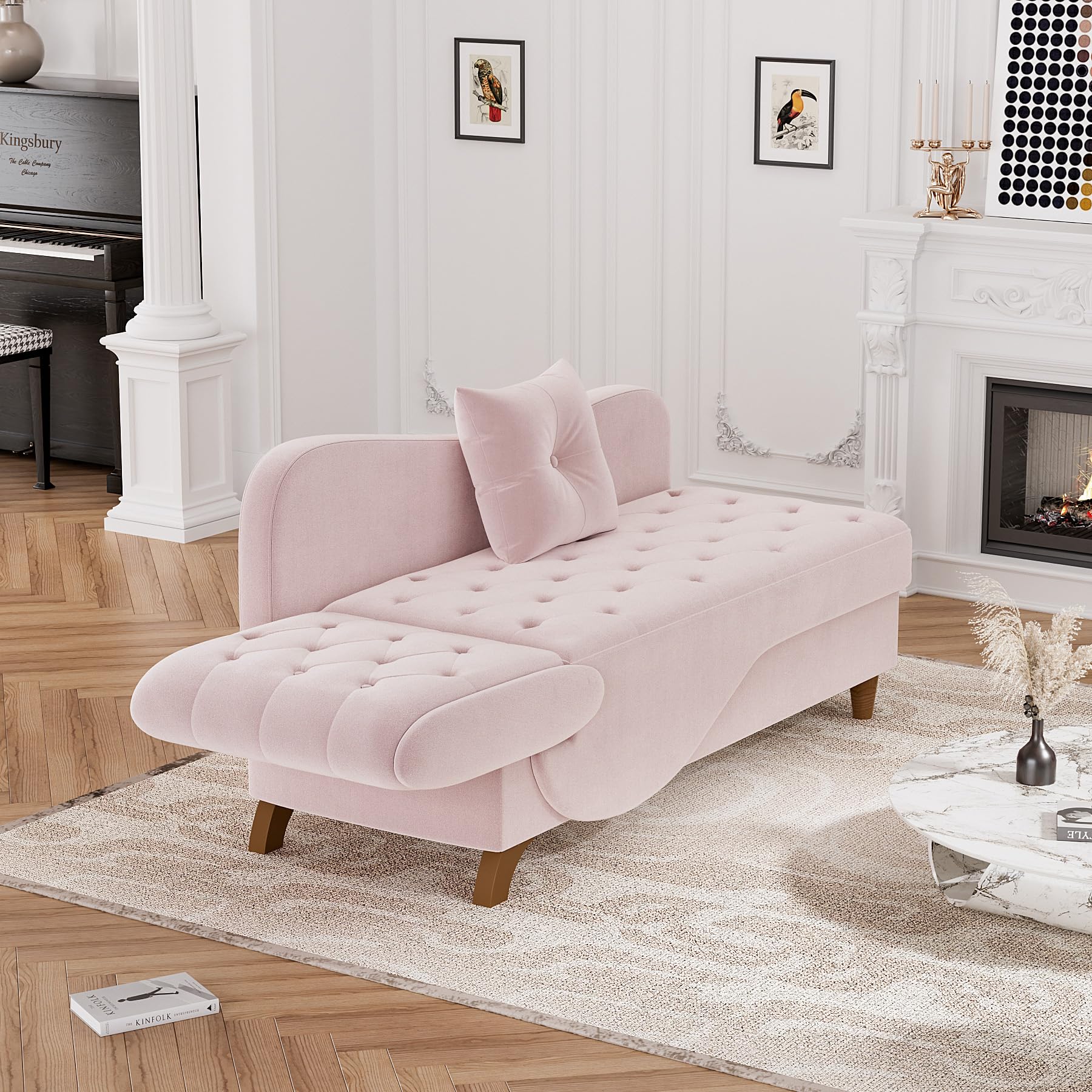 3 in 1 Velvet Chaise Lounge Chair with Storage - Adjustable Armrest Recliner, Sleeper Sofa Bed with Pillow - Pink Futon for Living Room & Bedroom - Perfect for Reading, Napping & Small Space Living