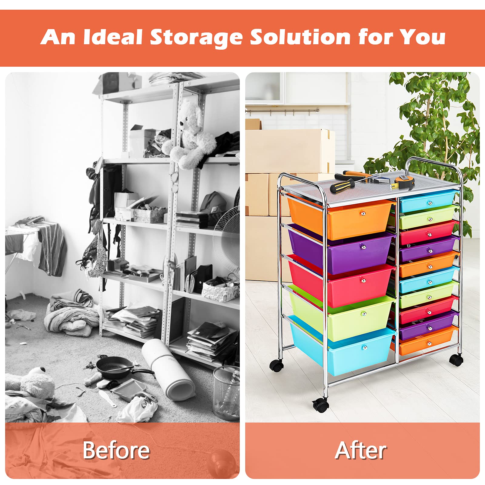 GOFLAME 15-Drawer Rolling Storage Cart - Multipurpose Mobile Organizer with Wheels for Home Office, School, Kitchen, Craft Room & Garage - Space Saving Utility Cart in Multiple Colors