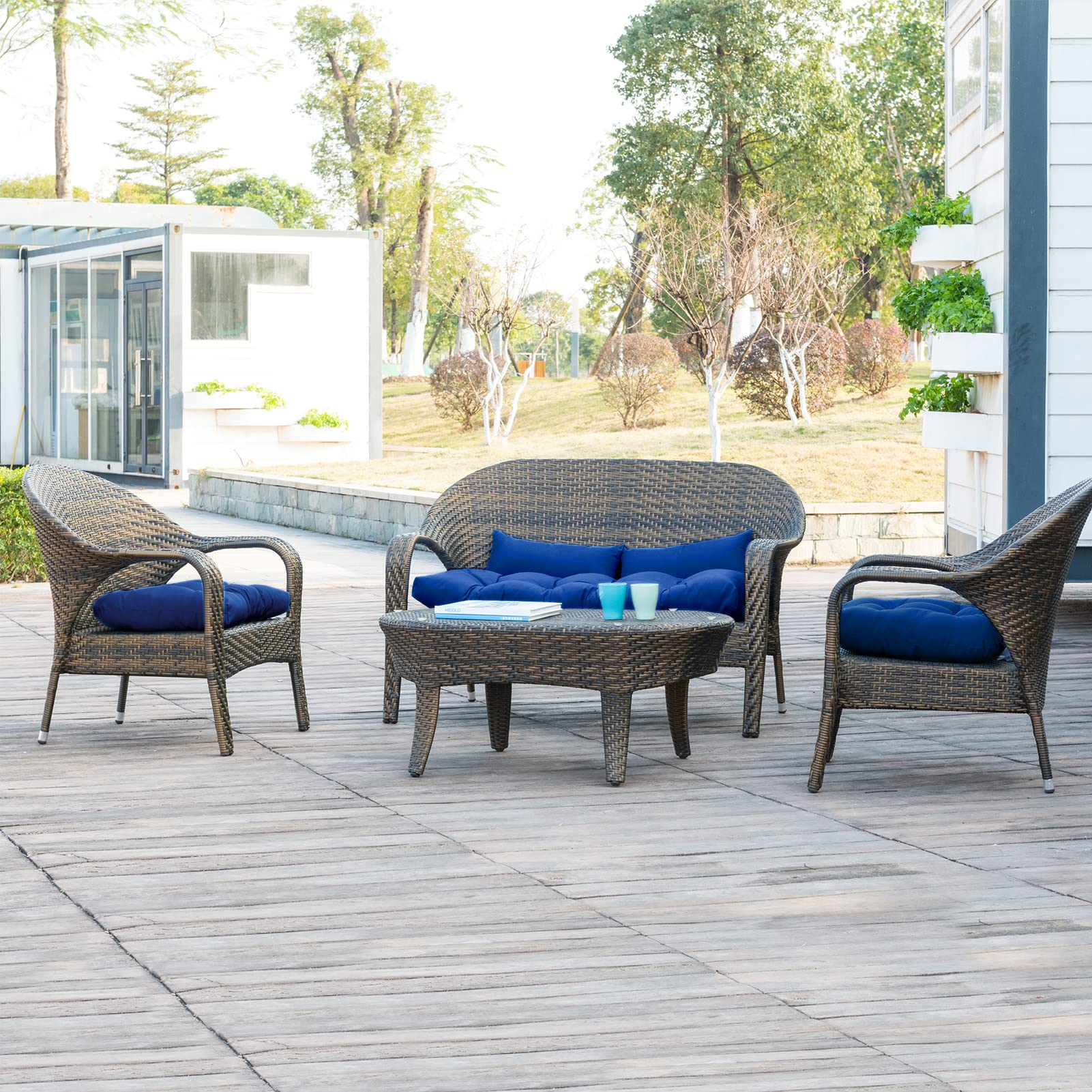 QILLOWAY Outdoor Patio Wicker Seat Cushion Set - 2 U-Shape Cushions + 2 Lumbar Pillows for Loveseat, Bench, Porch & Settee - Waterproof & Comfortable (Royal Blue) - Perfect for Garden, Poolside & Backyard Relaxation