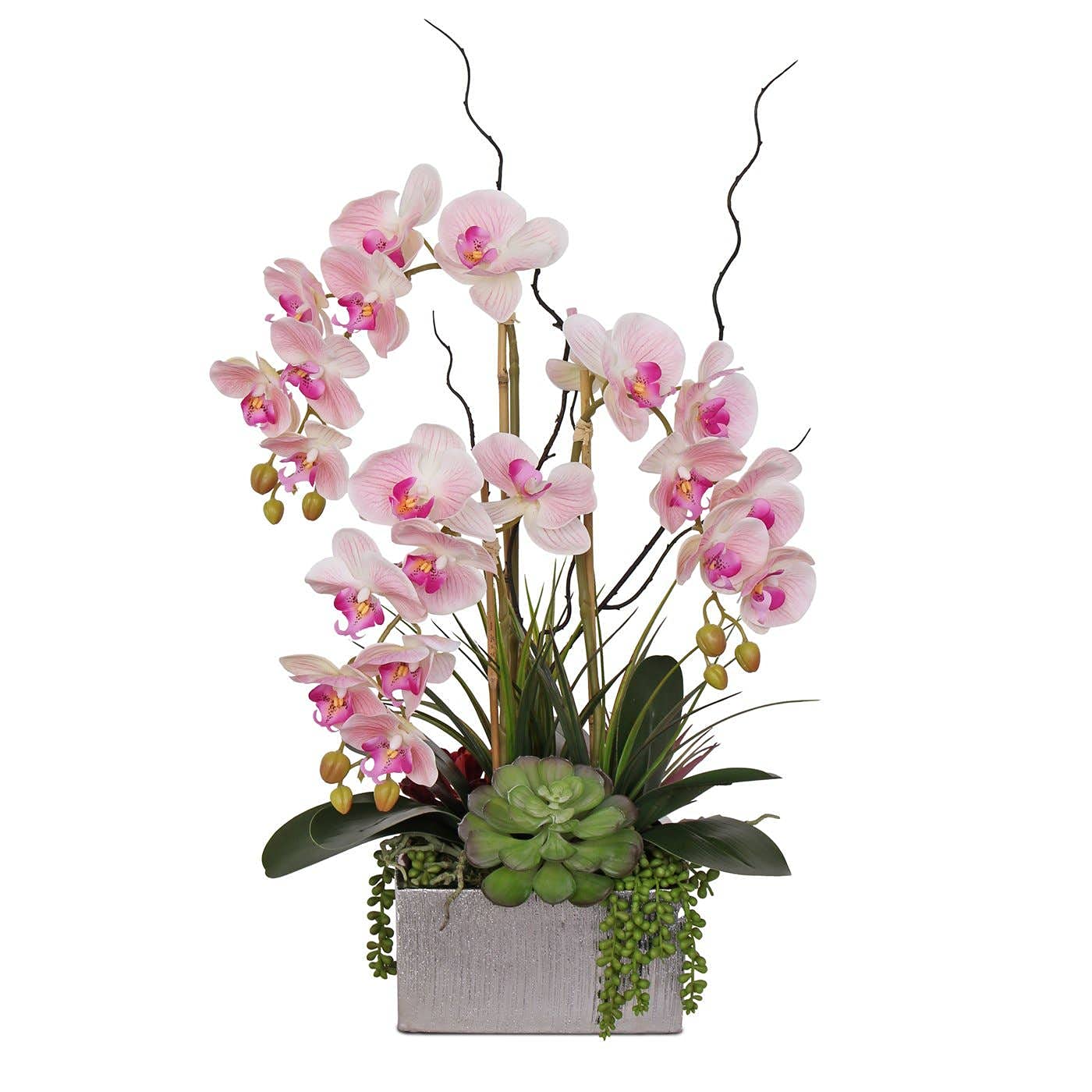 Premium Real Touch Pink Phalaenopsis Orchid & Succulent Arrangement in Silver Etched Ceramic Pot - Elegant Home Decor, Wedding Centerpiece, Office Desk Plant Gift