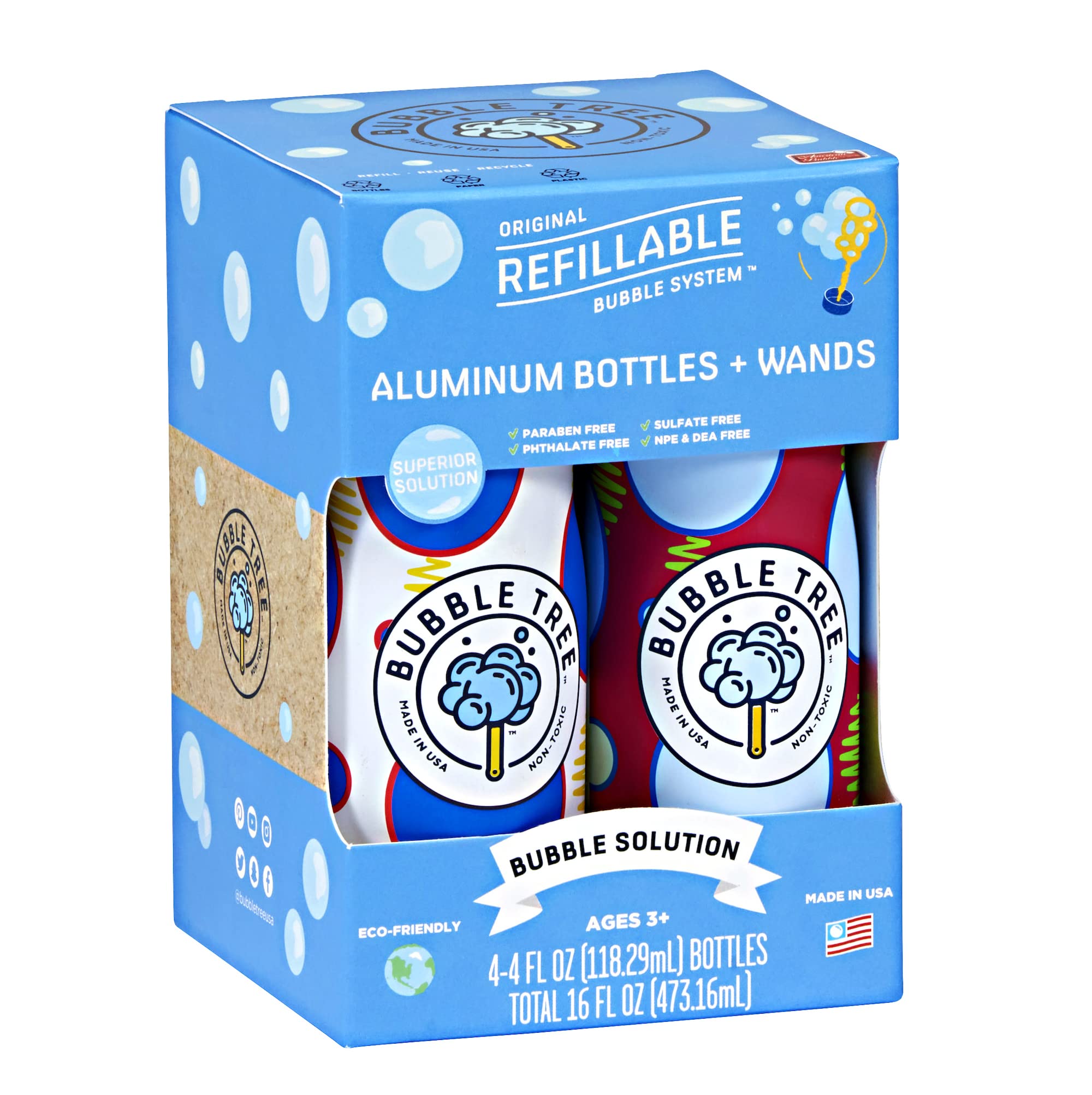 Eco-Friendly Bubble Tree Refillable Bubble Blowing Kit - 4 Pack of USA-Made Bubble Solution with Aluminum Bottles | Perfect for Outdoor Play, Birthday Parties & Kids' Activities