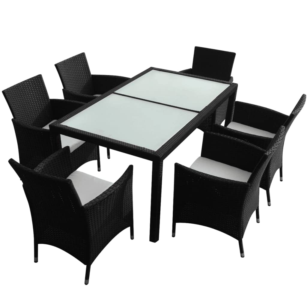 vidaXL 7-Piece Black Poly Rattan Patio Dining Set with Cushions & Aluminum Feet - Durable Outdoor Furniture for Garden, Backyard, Poolside Dining & Relaxation