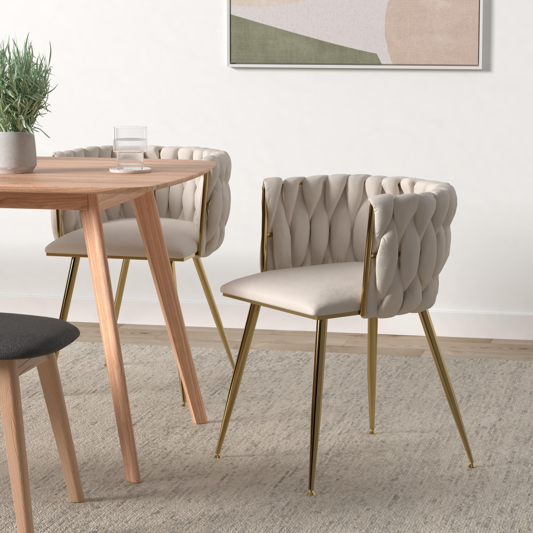 Nrizc 6-Piece Woven Dining Chair Set - Velvet Upholstered Modern Chairs with Gold Metal Legs for Dining Room, Kitchen & Living Room - Beige Accent Chairs | Perfect for Home Decor, Dinner Parties & Cozy Gatherings