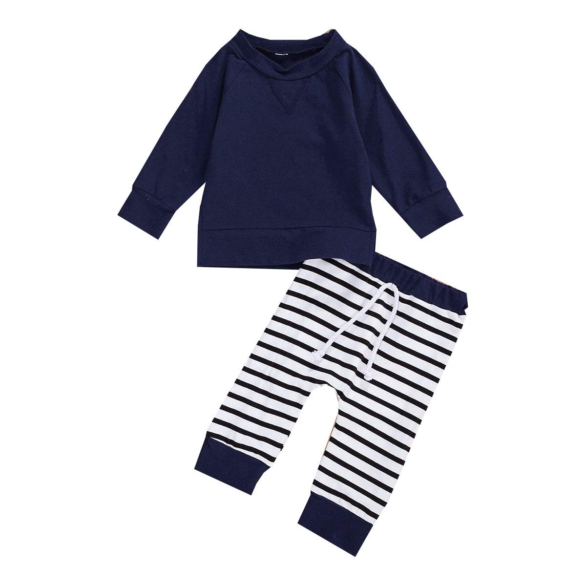 Baby Boy Girl Fall Clothes Set - 2Pcs Long Sleeve Pullover Sweatshirt & Striped Pants Outfit (6-12 Months, Dark Blue) | Newborn Infant Cozy Autumn Wear for Playdates & Family Photos