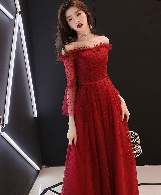 Elegant Burgundy Tulle Lace Tea-Length Prom Dress | A-Line Evening Gown for Homecoming, Wedding Guest & Formal Events