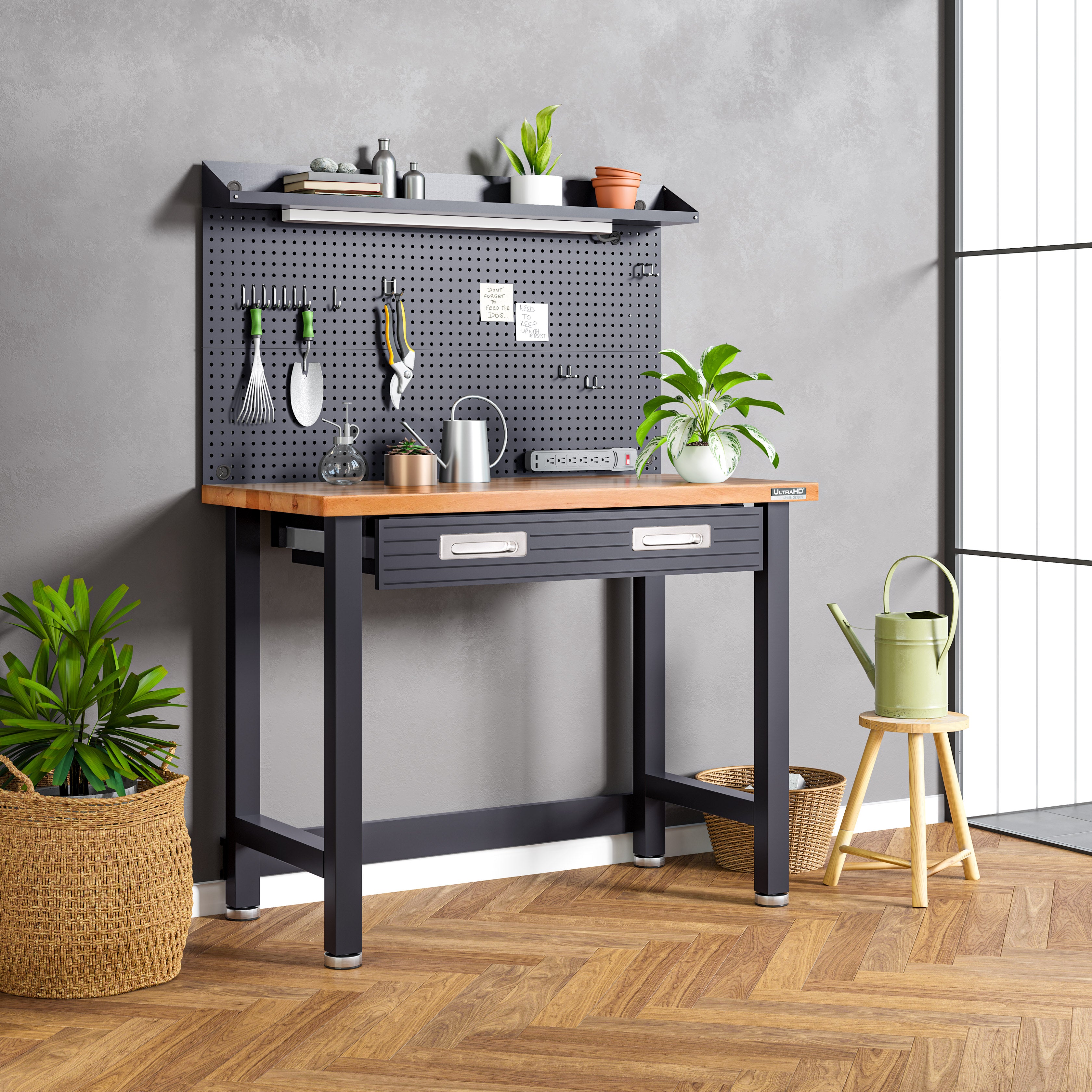 UltraHD® Lighted Workbench with Wooden Top & Pegboard in Graphite - Perfect for Garage, Workshop, and DIY Projects
