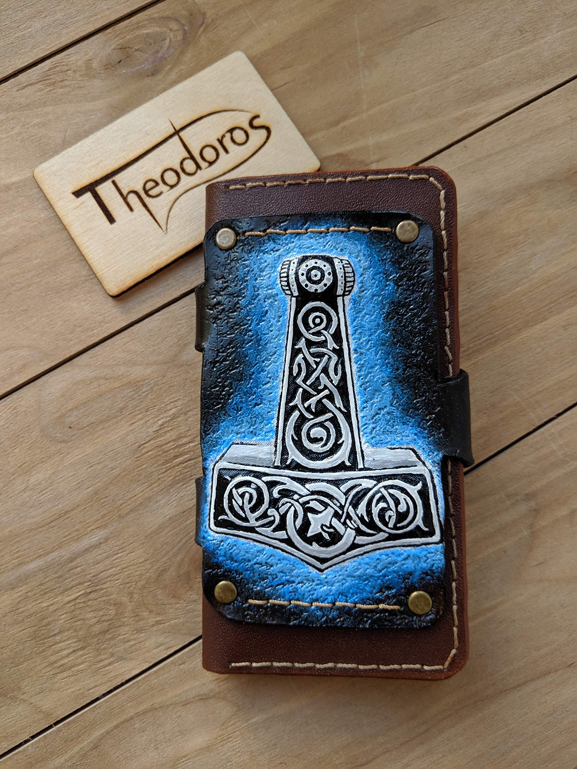 Genuine Leather Wallet Case for Apple iPhone XS/XS MAX/XR/8/8 Plus/7 Plus/6S/6 Plus/SE - 3D Carved Thor Hammer Design with Card Slots & Viewing Stand | Viking & Celtic Style | Perfect for Daily Use, Travel and Gift Giving