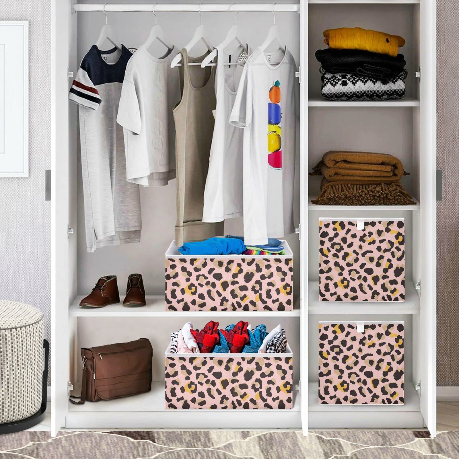 Foldable Collapsible Leopard Print Storage Baskets - 16 x 11 Inch Organizer Bins for Shelves, Closet, Pantry | Perfect for Toys, Books, Clothes & Office Supplies | Space-Saving Home Organization Solution