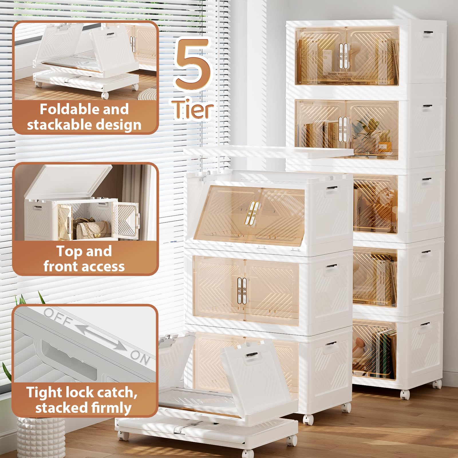 76QT Stackable Storage Bins with Lids, Wheels & Magnetic Doors - Plastic Storage Containers for Closet, Pantry, Home & Office Organization (5-Pack) - Perfect for Seasonal Clothes Storage, Toy Organization & Space Saving Solutions