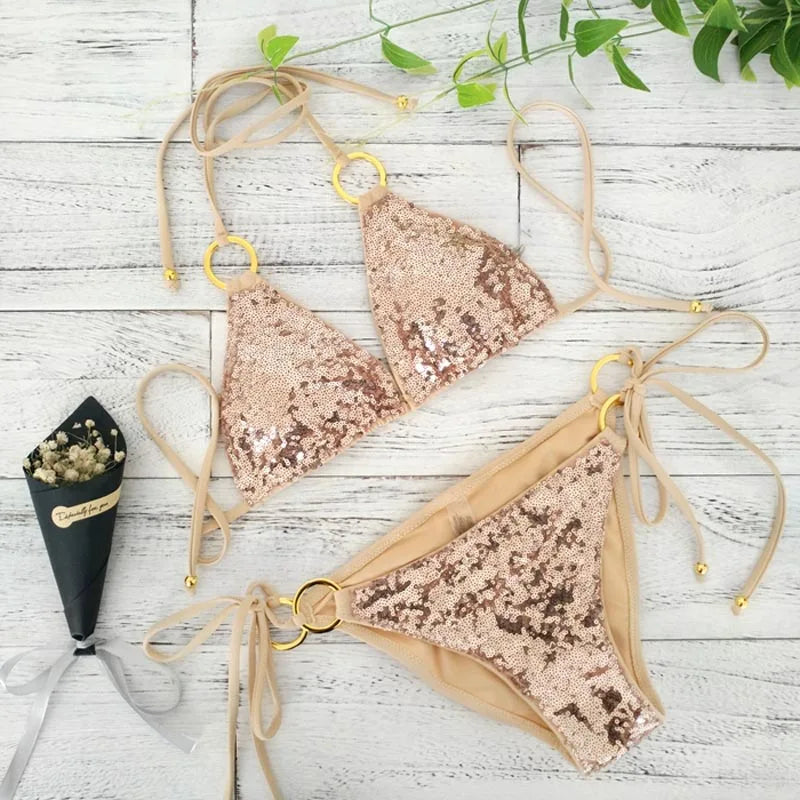 2022 New Sexy Bikini Set - Golden Sequins Bandage Push Up Padded Bra Swimsuit for Women | Beach Vacation, Pool Party, Summer Swimwear