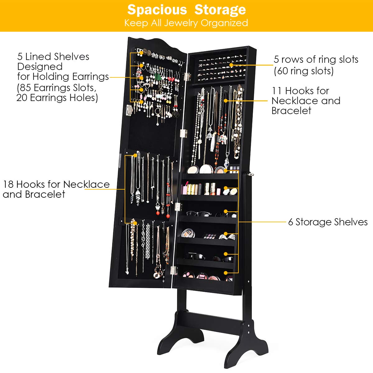 Giantex Jewelry Box Armoire with Mirror - Standing Jewelry Cabinet with 29 Necklace Hooks, Ring & Earring Organizer - Makeup Display Storage for Women & Girls - Perfect for Bedroom, Dressing Room & Gift Giving - Black