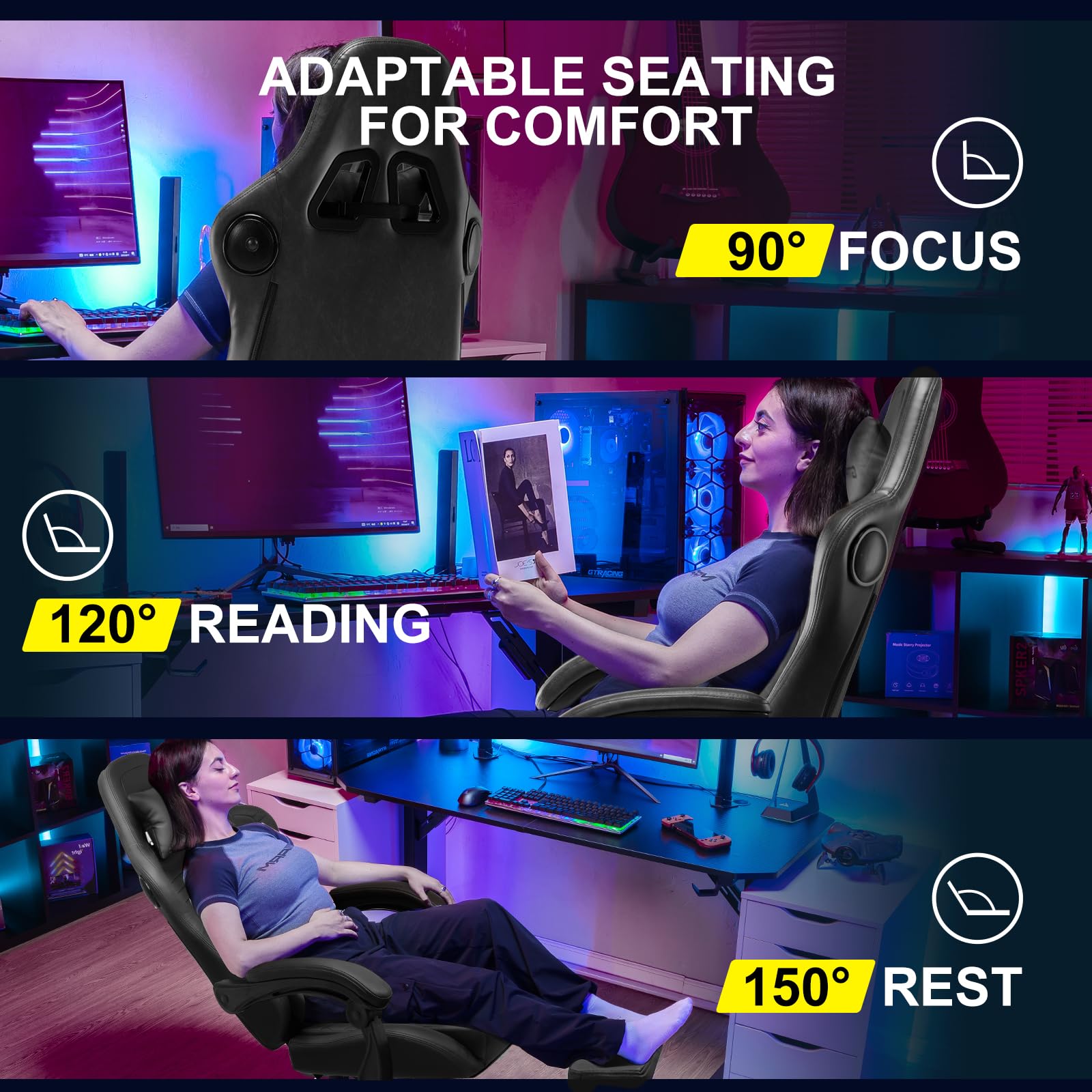 GTPLAYER Ergonomic Gaming Chair - PU Leather Office Chair with Adjustable Height & Lumbar Support - Grey Computer Chair for Home & Gaming Setup