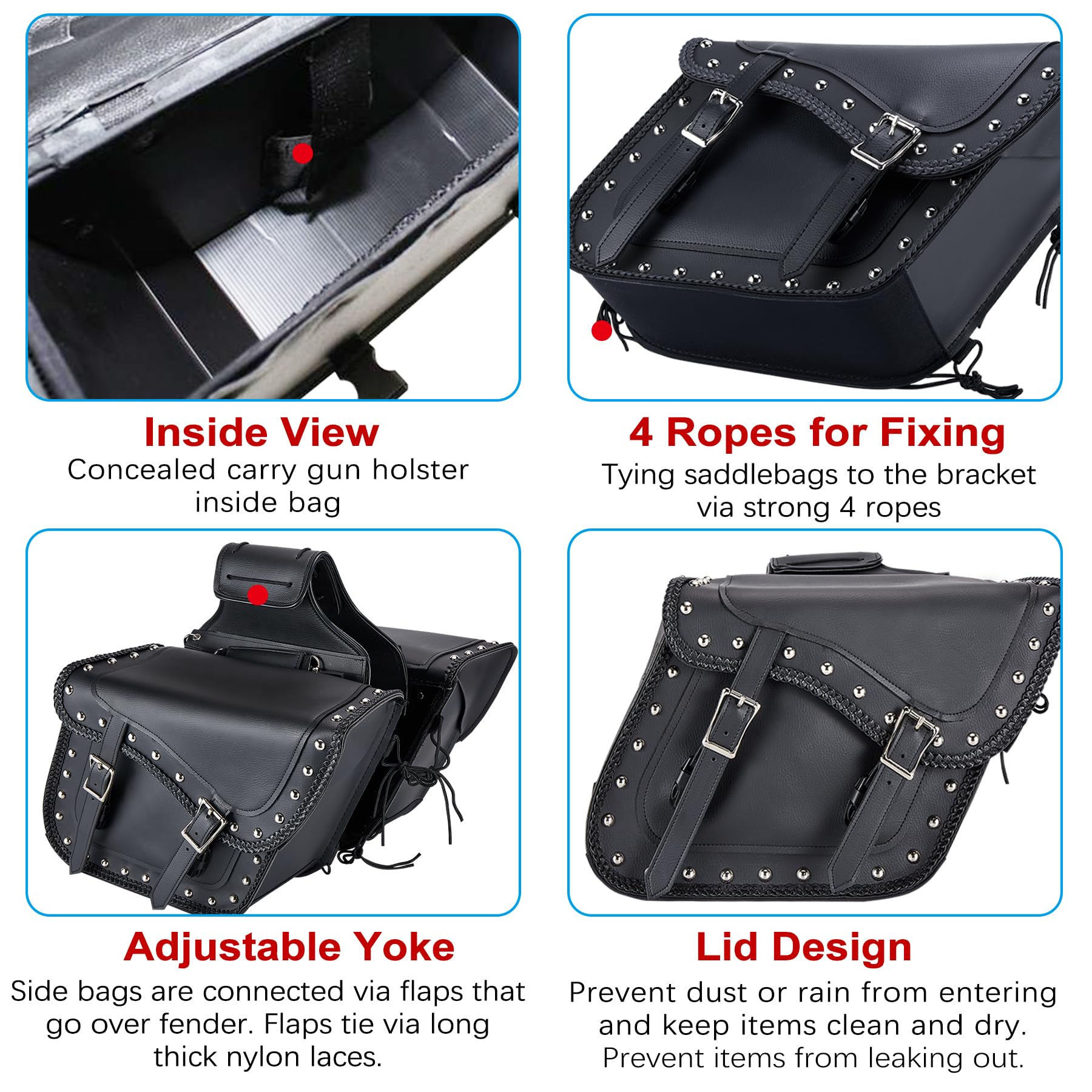 **Dream Apparel Faux Leather Motorcycle Saddle Bags with Studs - Throw Over PVC Side Bags for Honda Shadow, Sportster, Softail, Dyna, V-Star (Black) - Perfect for Cruiser & Touring Bikes**