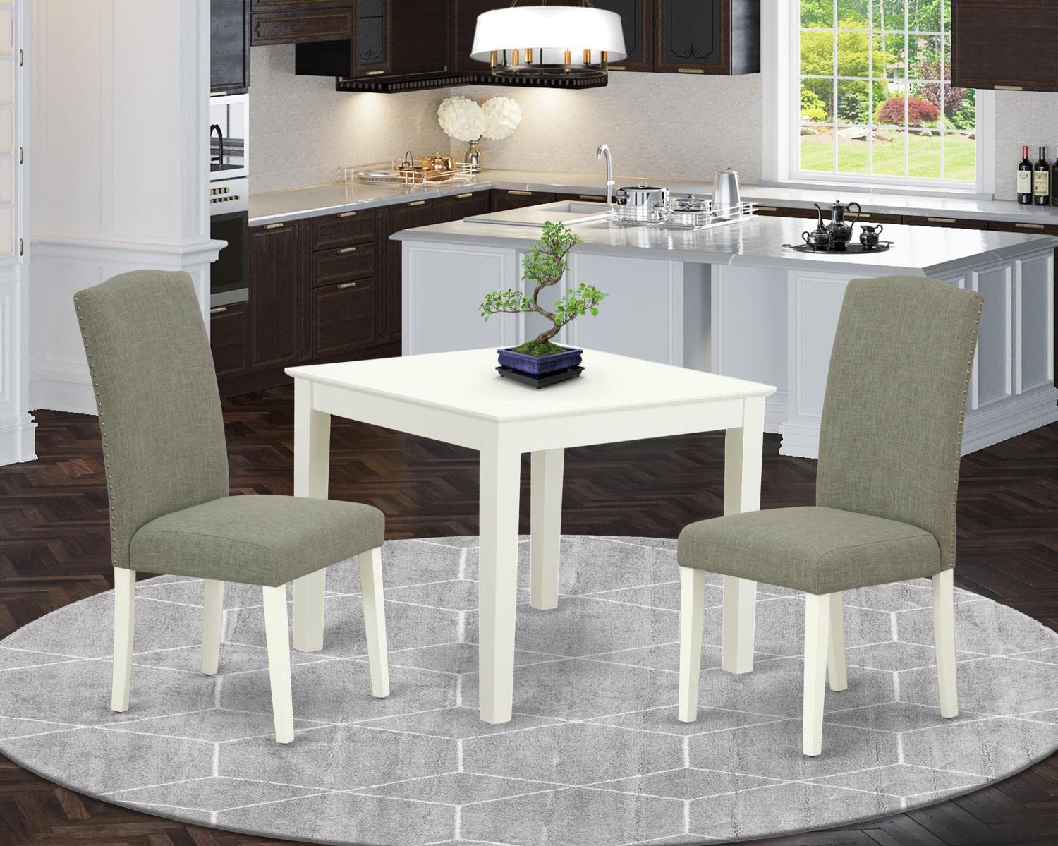 East West Furniture OXEN3-LWH-06 3-Piece Small Space Kitchen Table Set with 36x36 Inch Square Dining Table & 2 Dark Shitake Fabric Chairs in Linen White - Perfect for Apartments, Breakfast Nooks and Cozy Dining Areas