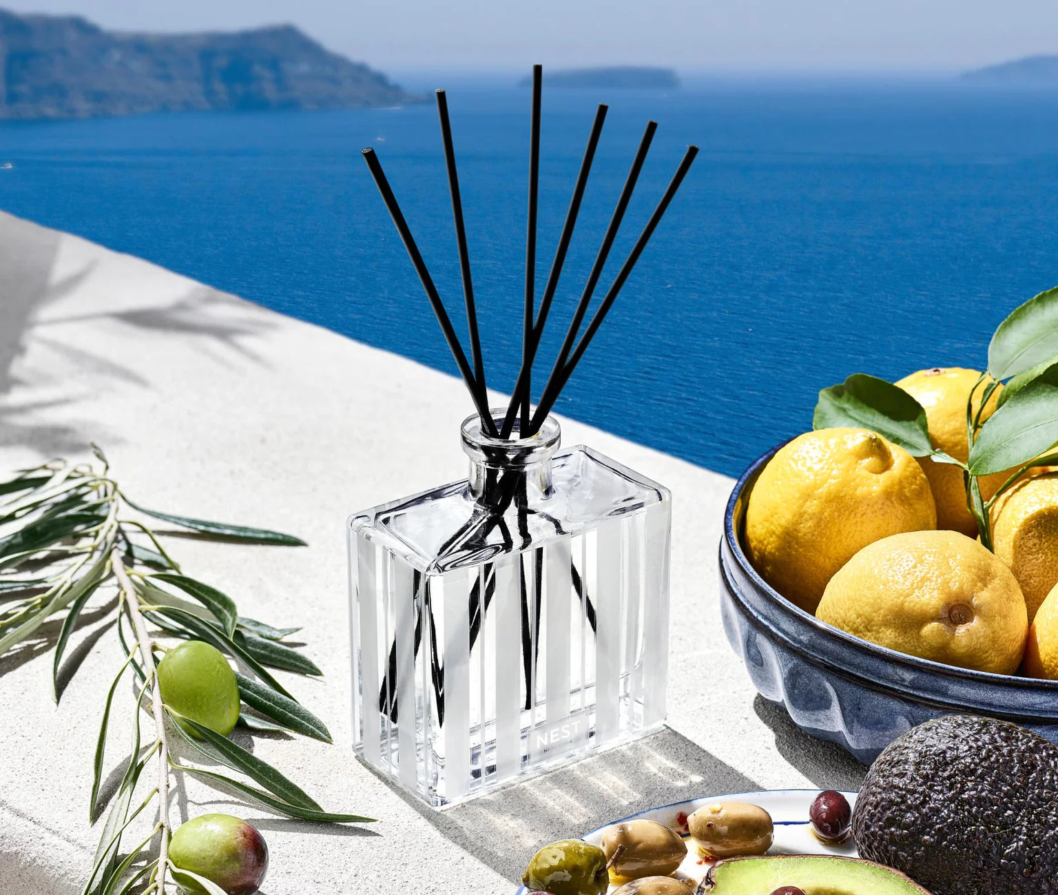 Nest Santorini Olive & Citron Reed Diffuser - 200ml Home Fragrance Oil Set with Natural Rattan Reeds | Perfect for Living Room, Bedroom & Bathroom Aromatherapy