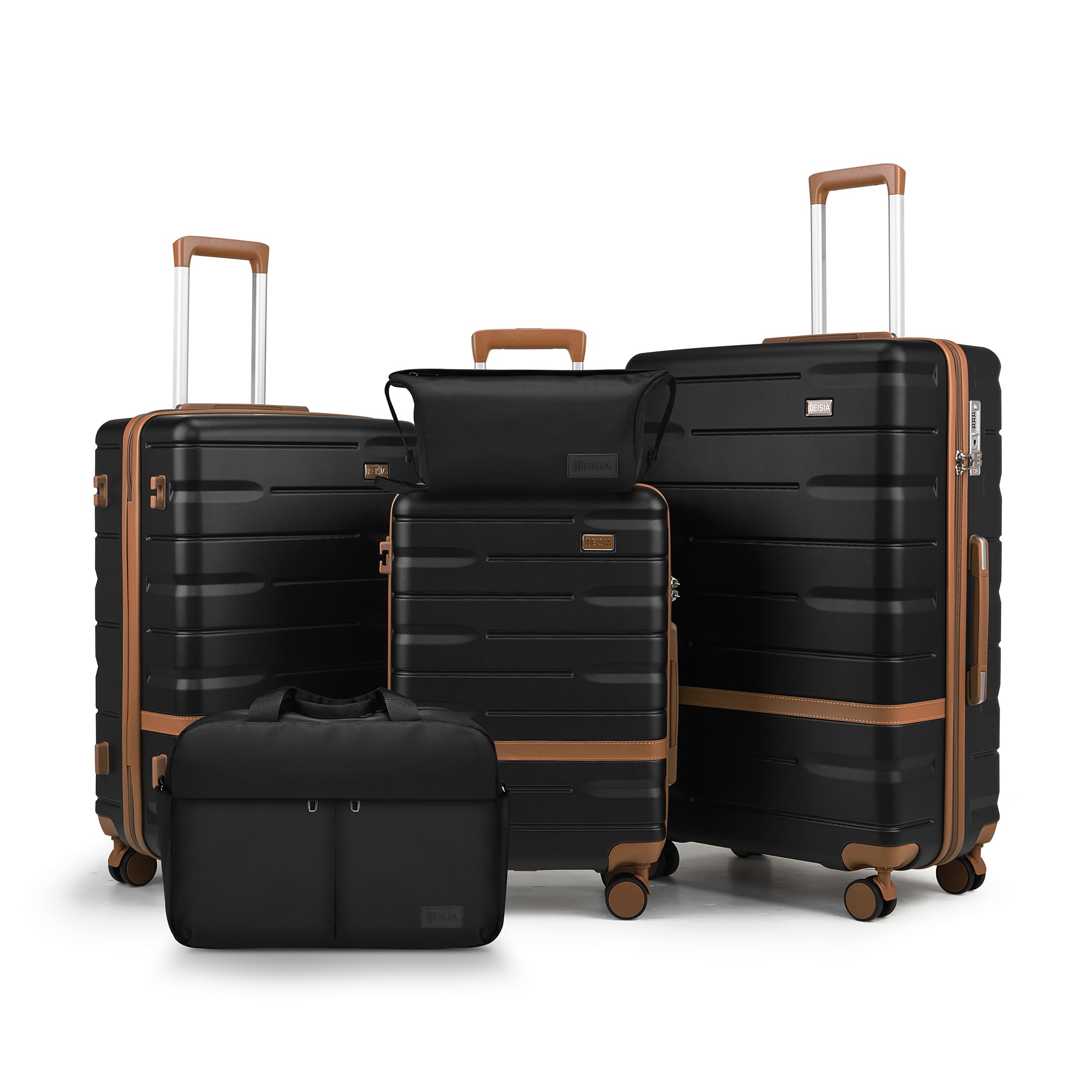 5-Piece Lightweight Hard Shell Luggage Set with Spinner Wheels - Durable PC+ABS Material Suitcase for Family Travel & Business Trips (Black) | Perfect for Airplane Carry-On, Road Trips & Vacation Packing