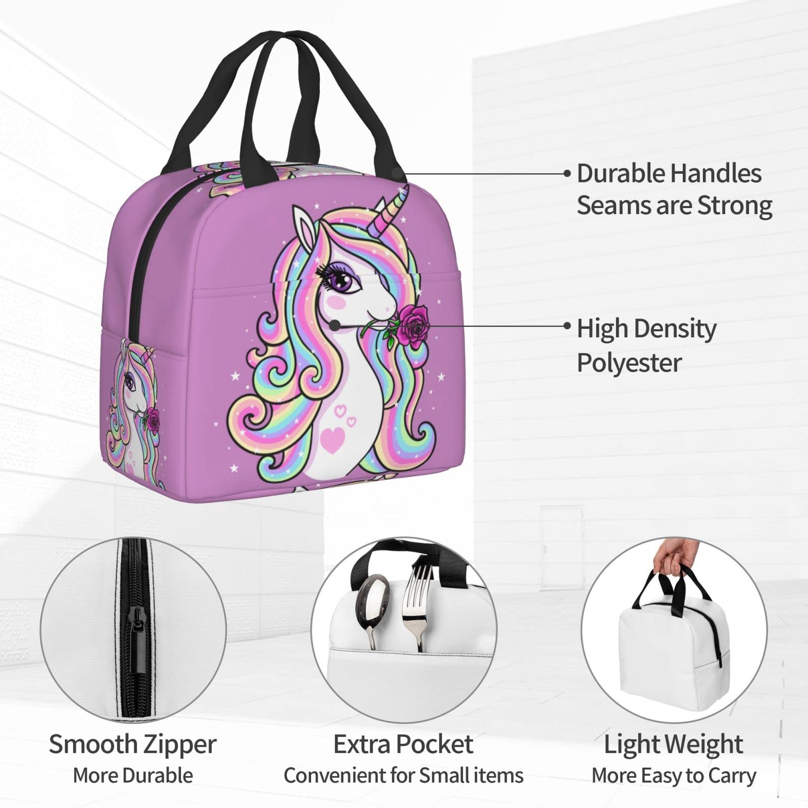 **Pink Rose Rainbow Unicorn Insulated Lunch Box - Reusable Thermal Meal Bag for Kids, Adults, School, Work, Travel & Picnic - BPA-Free Food Container for Boys, Girls, Men & Women**    *(Perfect for Packing Healthy Lunches, Snacks, or Keeping Meals Fresh On-the-Go!)*