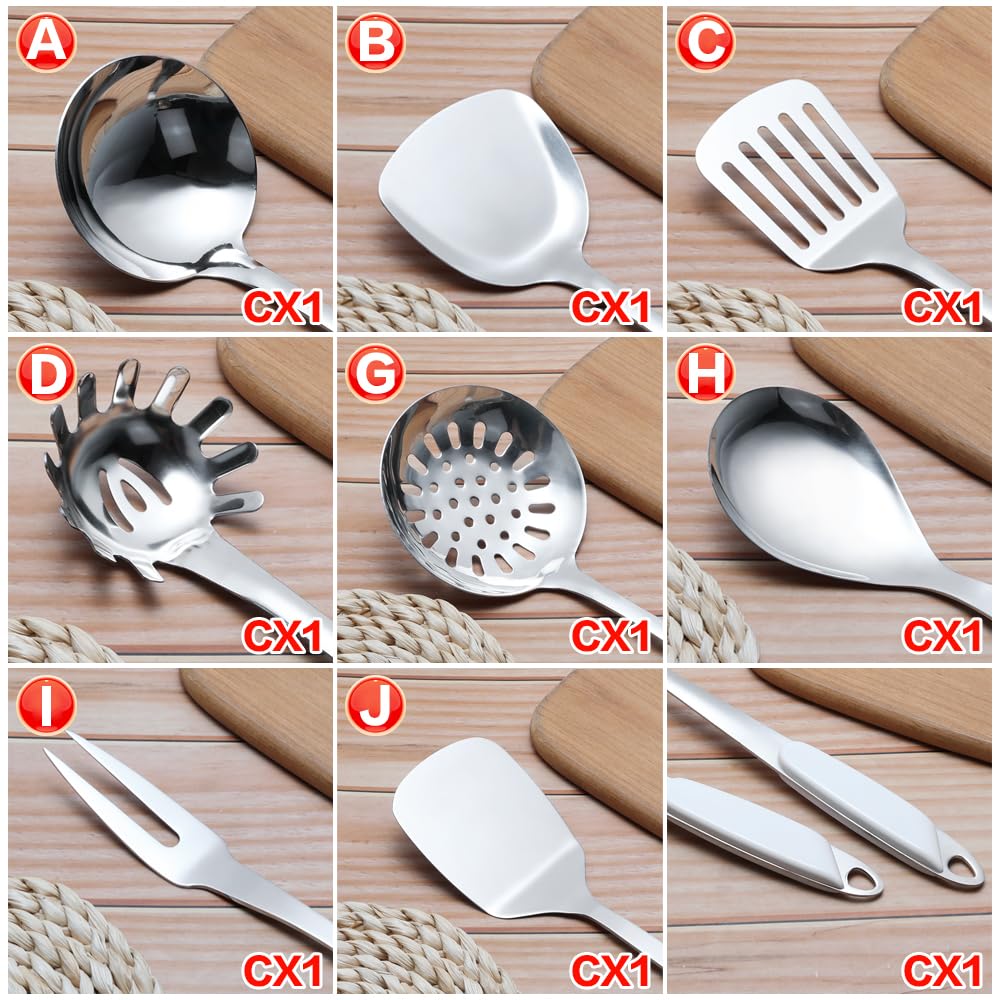 8-Piece Stainless Steel Kitchen Cooking Utensil Set - Durable Spoons, Spatulas & Tongs for Baking, Grilling & Frying - Perfect for Home Chefs & Professional Kitchens