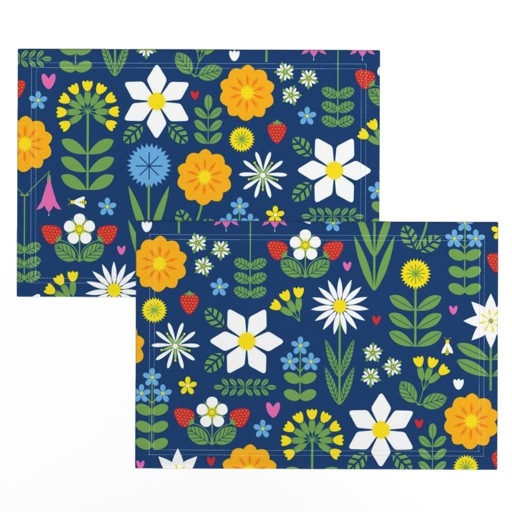 Linen Cotton Canvas Placemats Set of 2 - Wildflowers Swedish Scandinavian Floral Folk Art Spring Print Table Mats for Dining Room Decor, Kitchen Table Setting, and Party Tableware