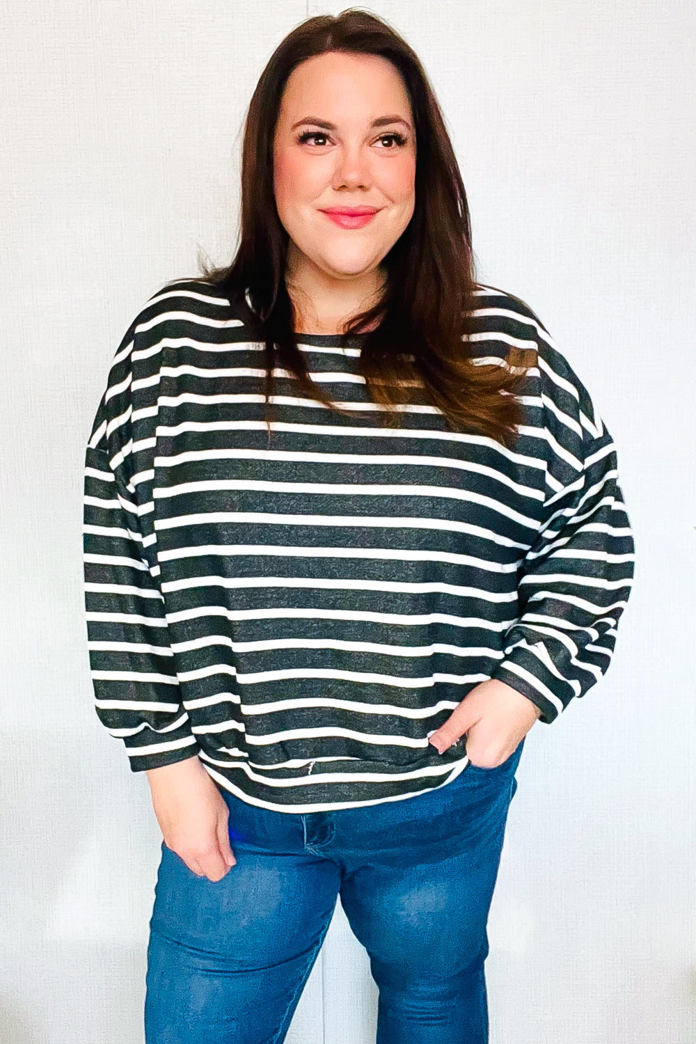 Stylish Charcoal Striped Terry Banded Dolman Pullover Sweater for Women - Cozy & Fashionable Loungewear for Casual Outings and Relaxing at Home