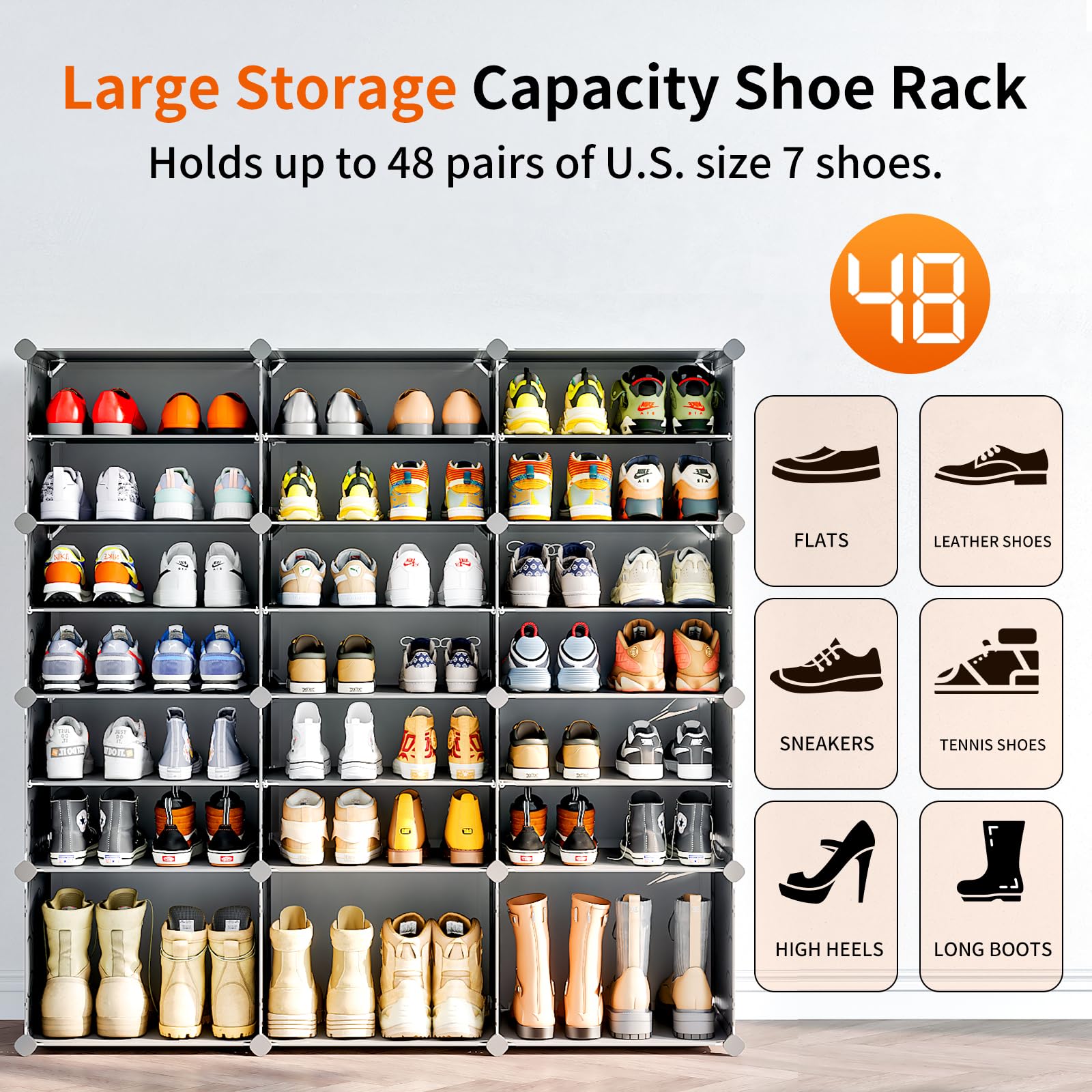 MAGINELS 48-Pair Shoe Storage Organizer Cabinet with Door - Large DIY Plastic Detachable Shoe Rack for Entryway, Bedroom, Closet - Space Saving Shoe Shelf for Men, Women & Kids (Black) | Perfect for Small Spaces & Shoe Organization