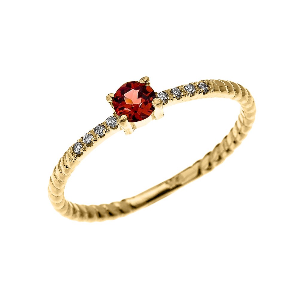 10k Yellow Gold Dainty Solitaire Garnet and Diamond Rope Design Ring - Elegant Engagement, Proposal & Stackable Wedding Band for Women, Perfect for Anniversary Gifts, Valentine's Day & Special Occasions