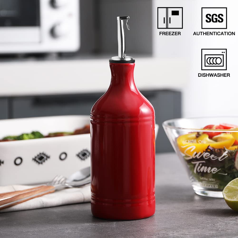 Premium Ceramic Olive Oil Dispenser Bottle - 15.5oz Opaque Oil Cruet to Reduce Oxidation - Ideal for Storing Olive Oil, Vinegar, Coffee Syrups & Liquids - Perfect for Kitchen Countertop, Dining Table & Gourmet Cooking (Red)