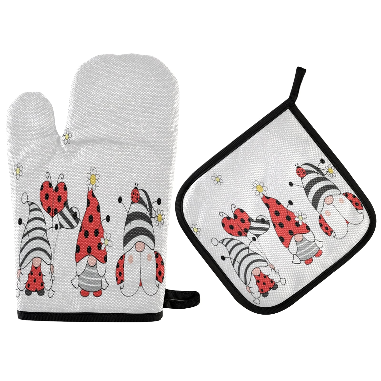 QUGRL Ladybug Gnomes Oven Mitts and Pot Holders Set - Heat Resistant Kitchen Gloves for Baking, Cooking & BBQ - Summer Garden Themed Hot Pads for Safe Cookware Handling