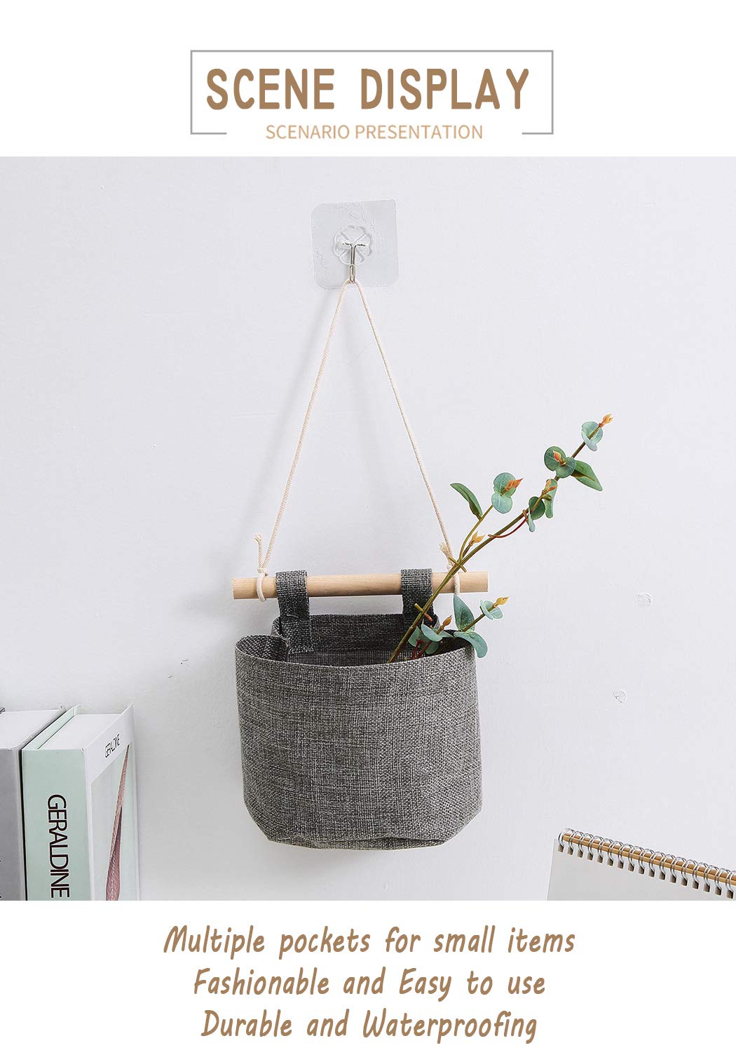 AARAINBOW 1 Pack Mini Cotton Linen Fabric Hanging Storage Organizer with 3 Pockets - Detachable, Foldable & Washable Closet Door Organizer for Bedroom, Bathroom & Small Spaces (Gray) - Perfect for Storing Accessories, Toiletries & Home Essentials