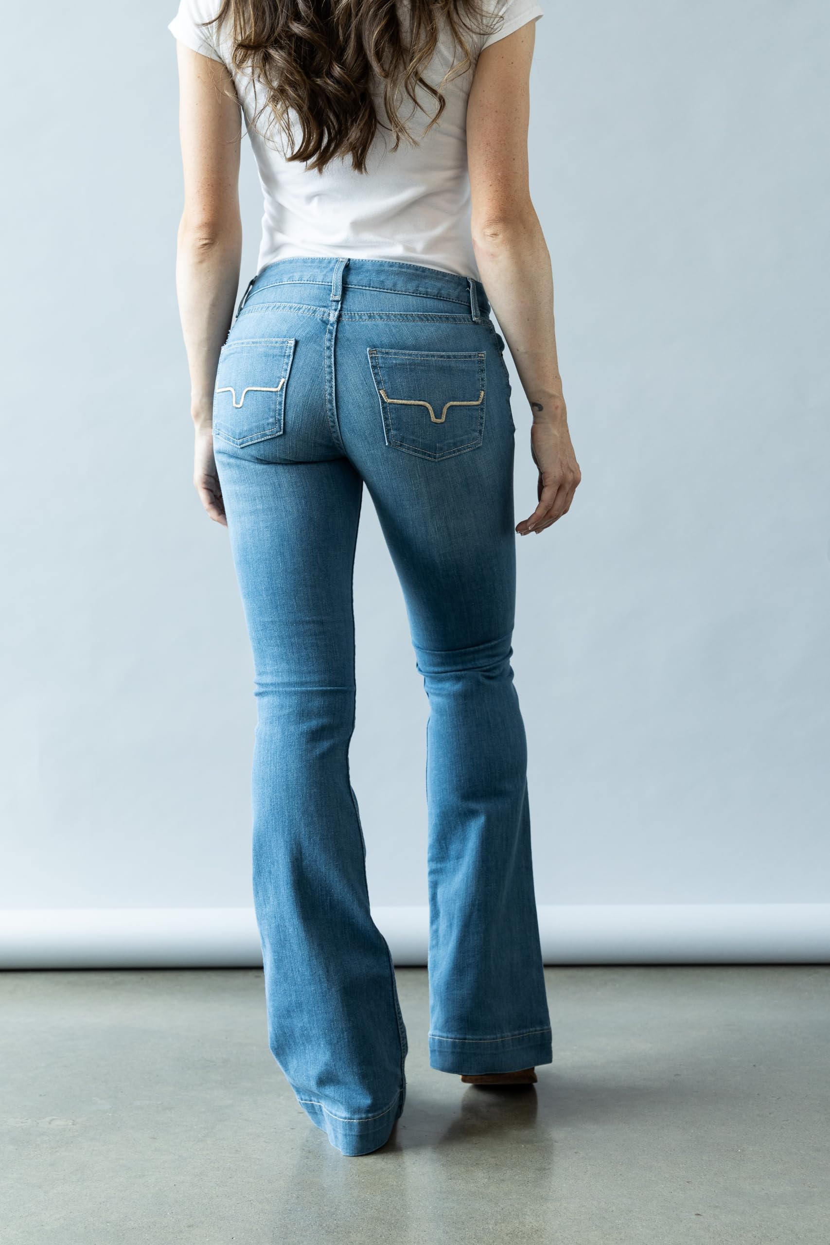 Kimes Ranch Women's Lola Soho Fade Western Jeans - Mid-Rise Wide Flare Leg Light Wash Tri-Blend Denim Blue Jeans for Cowgirl Style & Casual Outfits