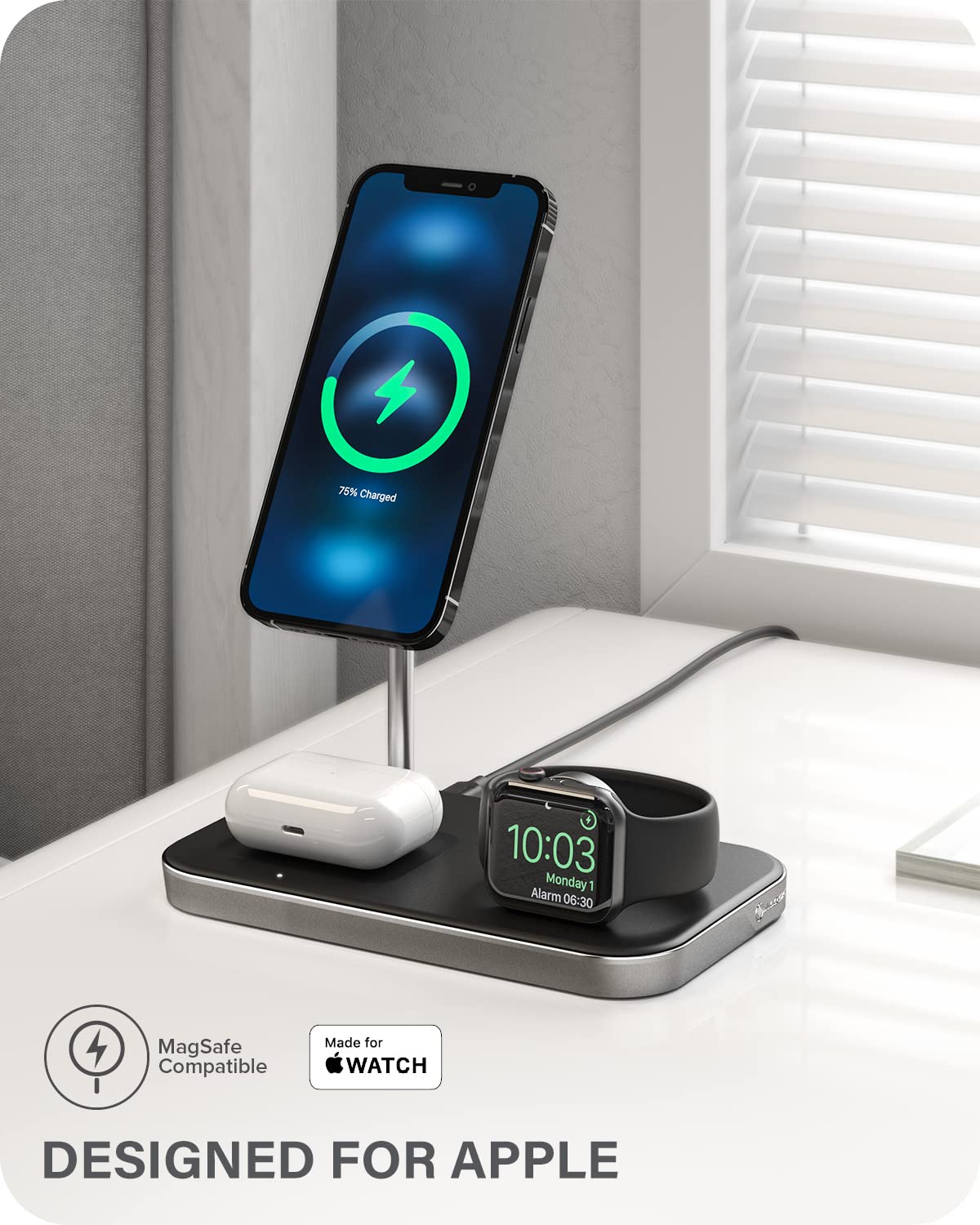 ALOGIC MagSpeed 3-in-1 Wireless Charging Station with LED Indicator | Magsafe Compatible for iPhone 15/14/13/12 Series | Fast Charging for AirPods & Apple Watch | Certified Safe | Perfect for Home, Office & Travel Use