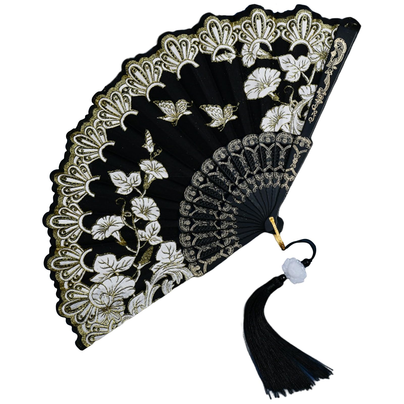 Elegant Chinese Folding Fan with Bronzing Flower Butterflies & Tassel - Handheld Dance Fan, Summer Wedding Accessories, Photo Shoot Props, Cultural Festival Gift for Women, Performances, Cosplay & Home Decor
