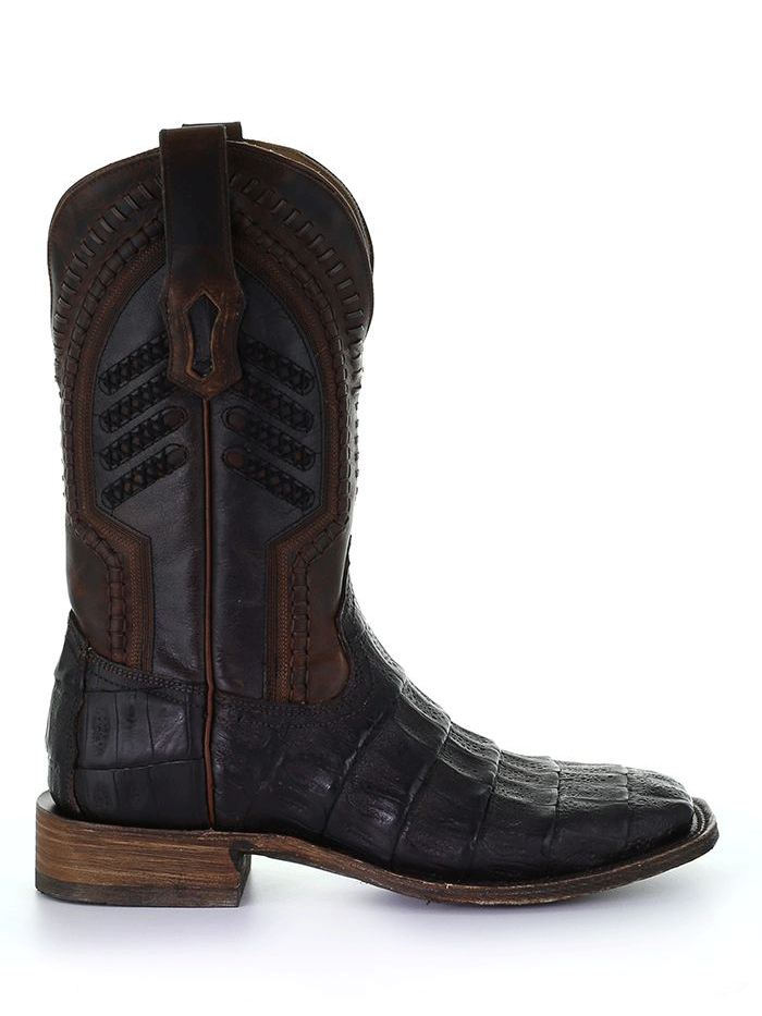 Men's Corral A3878 Square Toe Caiman Boots - Oil Brown with Embroidery & Woven Design | Western Cowboy Boots for Rodeo, Country Dancing & Casual Wear