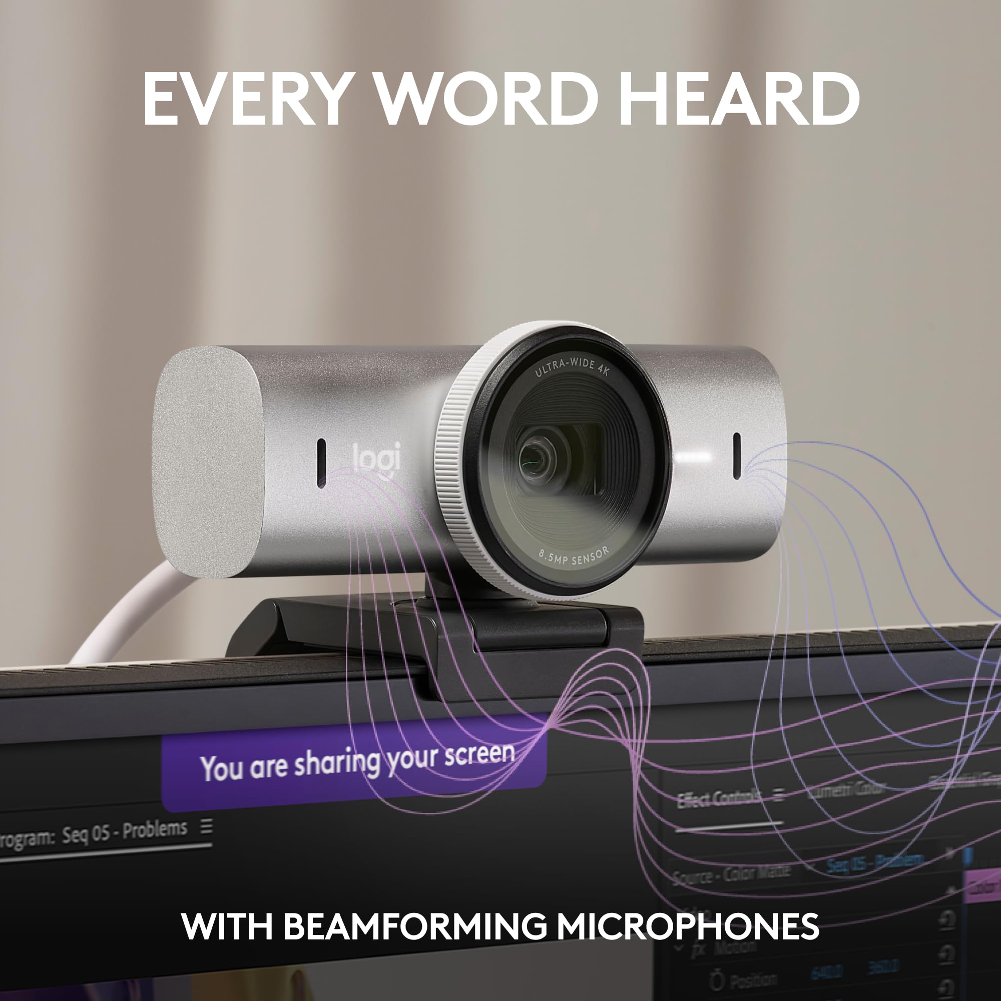 Logitech MX Brio 4K Ultra HD Webcam with Dual Noise-Reducing Mics - 1080p 60FPS Streaming Webcam for Zoom, Microsoft Teams & Google Meet - USB-C Webcam with Privacy Cover & Show Mode - Perfect for Home Office, Video Conferencing & Live Streaming (Pale Grey)