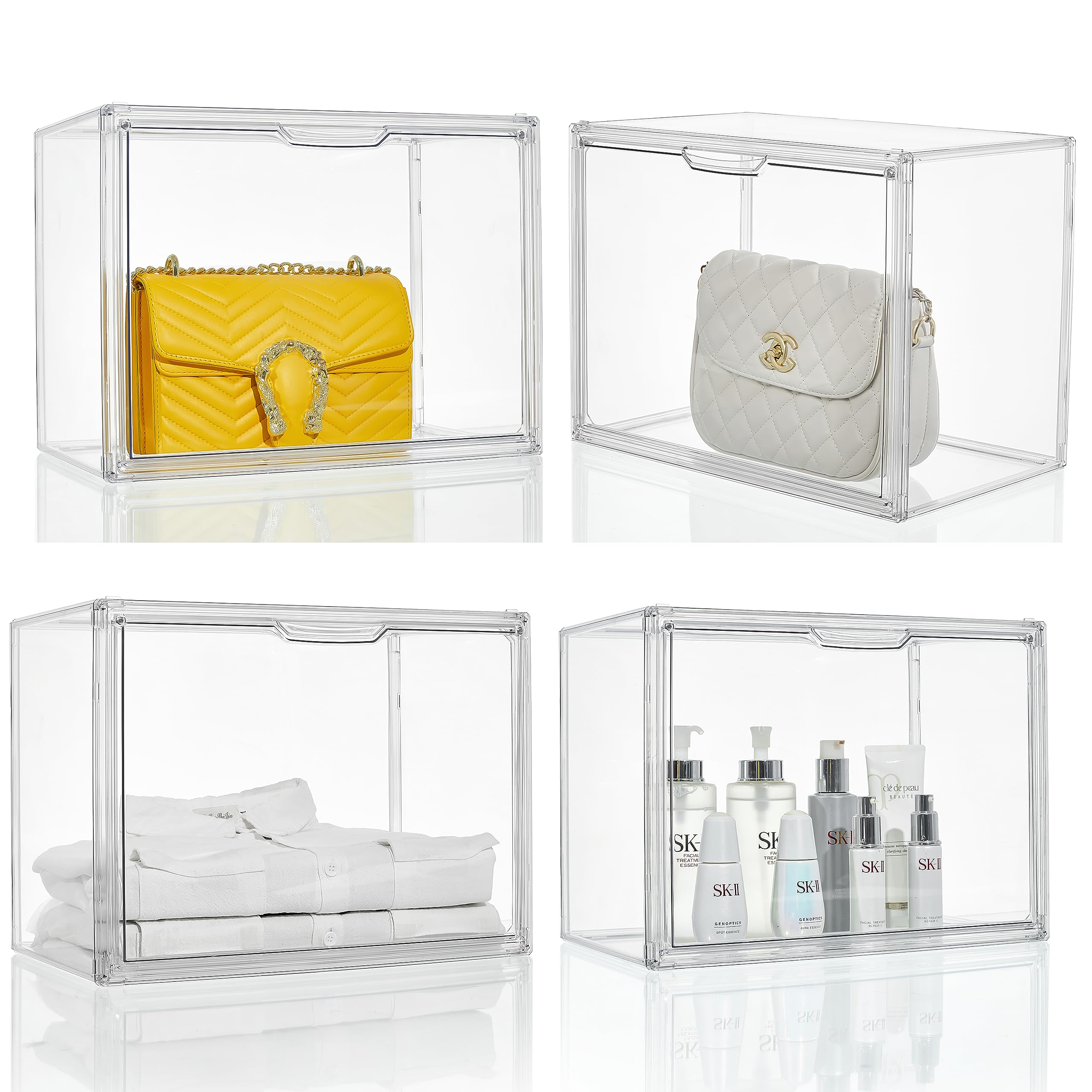Attelite 4-Pack Clear Acrylic Purse Organizer with Magnetic Door - Plastic Handbag & Clutch Storage Case for Wallet, Books, Cosmetics | Perfect for Closet, Vanity & Retail Display Organization