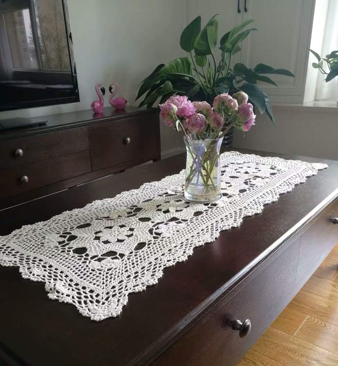 Handmade Beige Crochet Cotton Table Runner - 16x35 Inch Lace Doily for Dining Table, Dresser, or Wedding Decor - Elegant Rectangular Home Decor Scarf