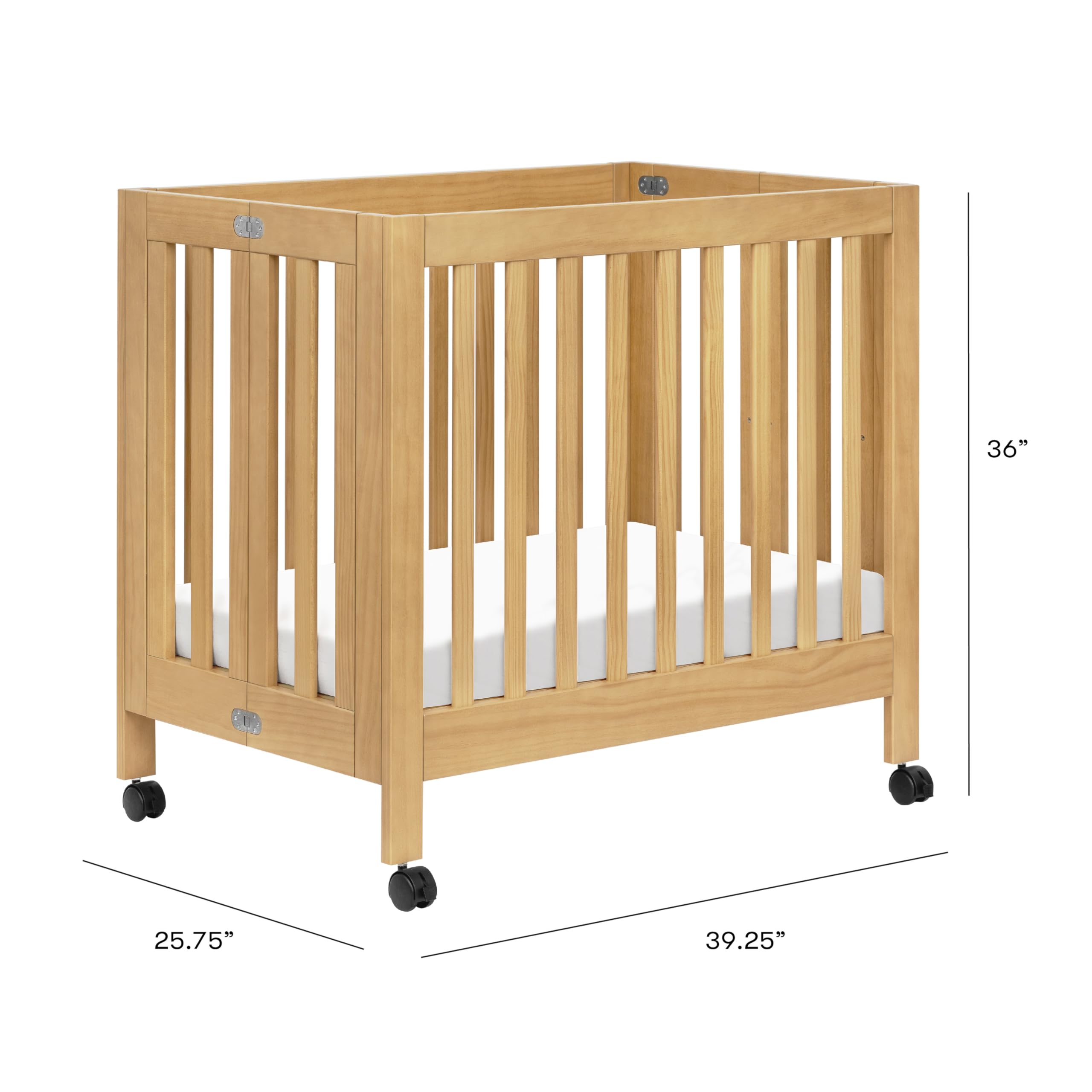 Babyletto Origami Mini Portable Crib with Wheels - Honey Color, 2 Adjustable Mattress Heights, Greenguard Gold Certified | Compact Folding Travel Crib for Nursery, Bedroom & On-the-Go Parents