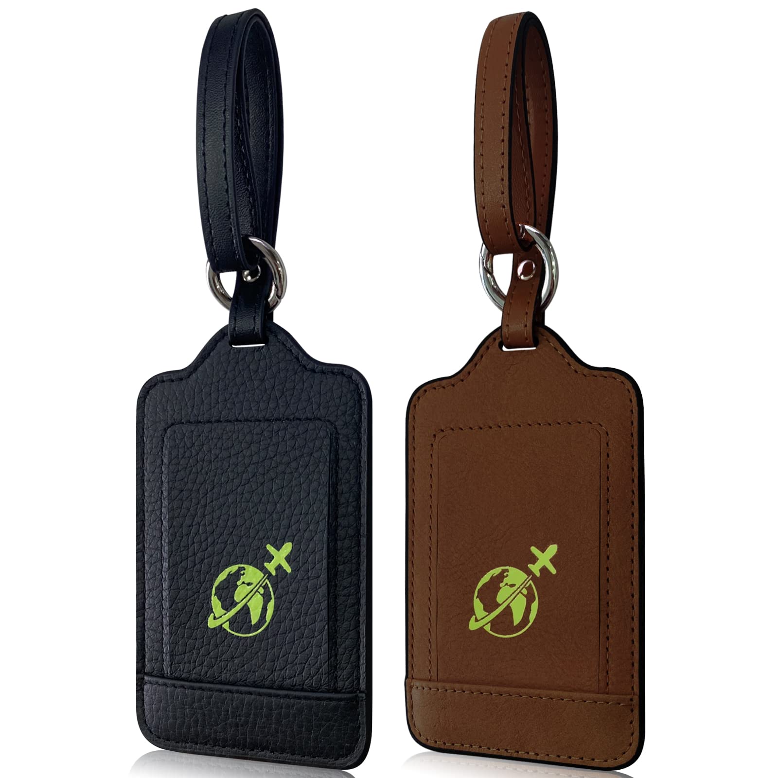 Genuine Leather Luggage Tags with Luminous Graphic - 2 Pack Real Leather Suitcase Tags for Travel Bags, Durable ID Labels (Black & Brown) - Perfect for Airports, Business Trips & Vacation Identification