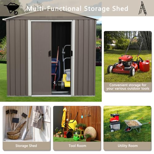 6x5 FT Outdoor Metal Garden Storage Shed with Side Window - Utility Tool Shed with Sloping Roof, Air Vents & Lockable Sliding Doors - Durable Backyard Lawn Storage House (Grey, 6x5) - Perfect for Storing Gardening Tools, Lawn Mowers & Outdoor Equipment