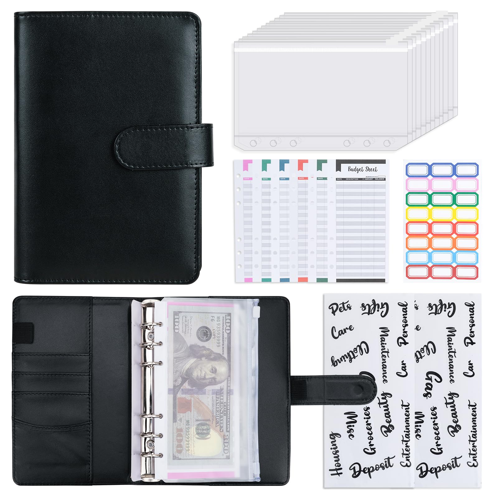 Premium A6 Leather Cash Envelope Binder with Zipper - Budget Organizer for Money Saving & Financial Planning - Perfect for Personal Finance, Cash Stuffing & Dave Ramsey Envelope System (Black)