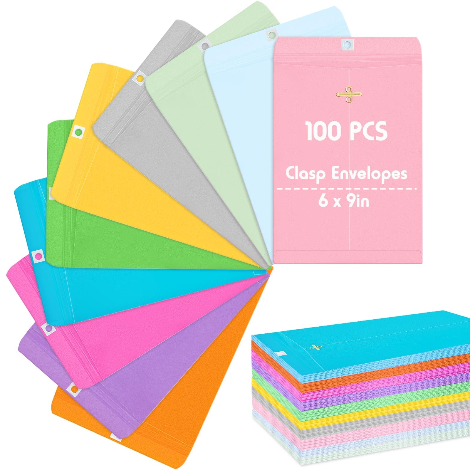 Geyee 100 Pcs Manila Clasp Envelopes - Self-Sealing Colored Envelopes 6x9 Inch for Home Office, Business, Mailing & Document Storage (10 Vibrant Colors) - Perfect for Organizing Files, Sending Invitations & Secure Mailing