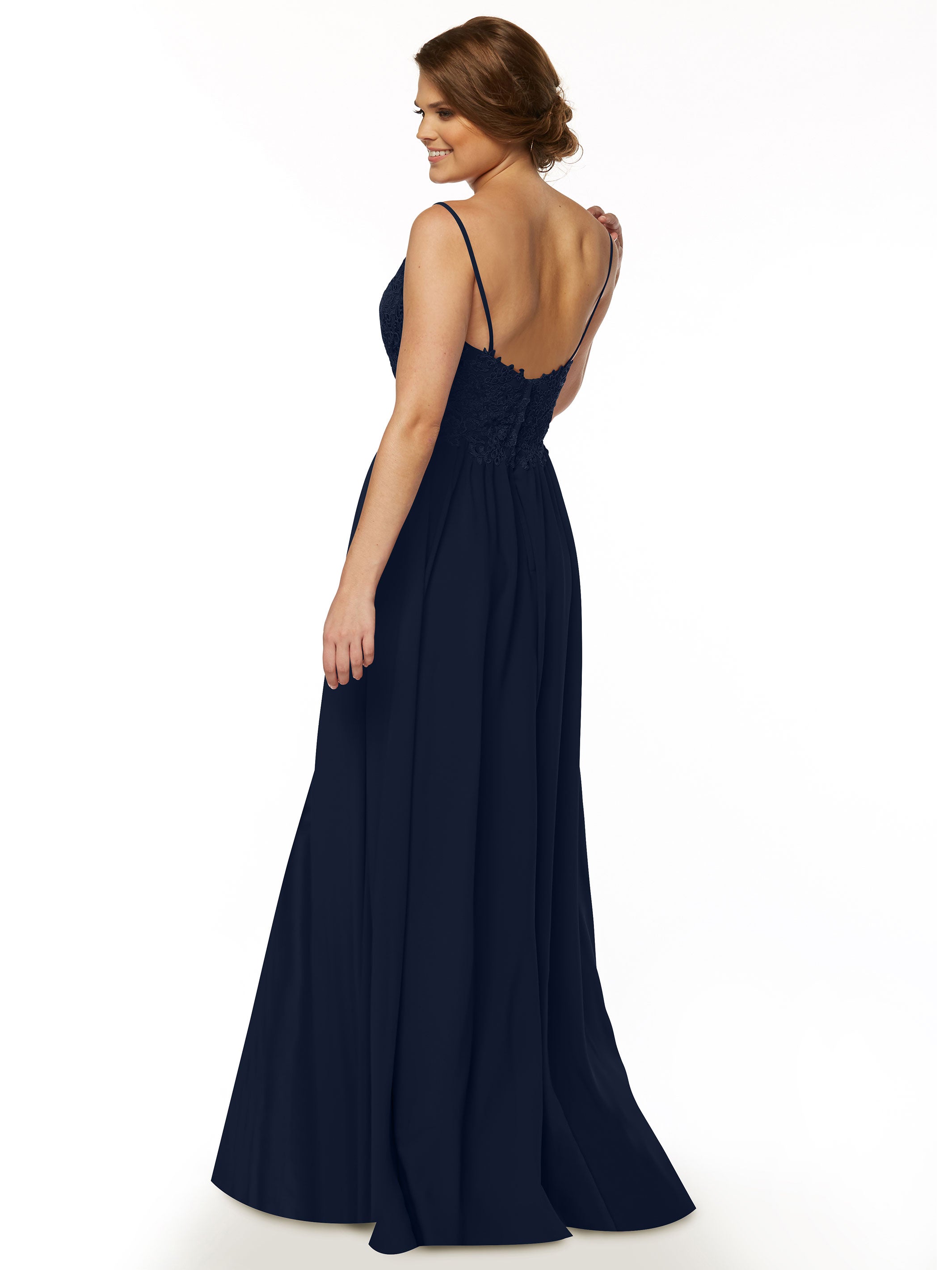 Elegant A-Line Stretch Chiffon Bridesmaid Dress with Lace Bodice & High Slit - Perfect for Weddings, Proms & Formal Events