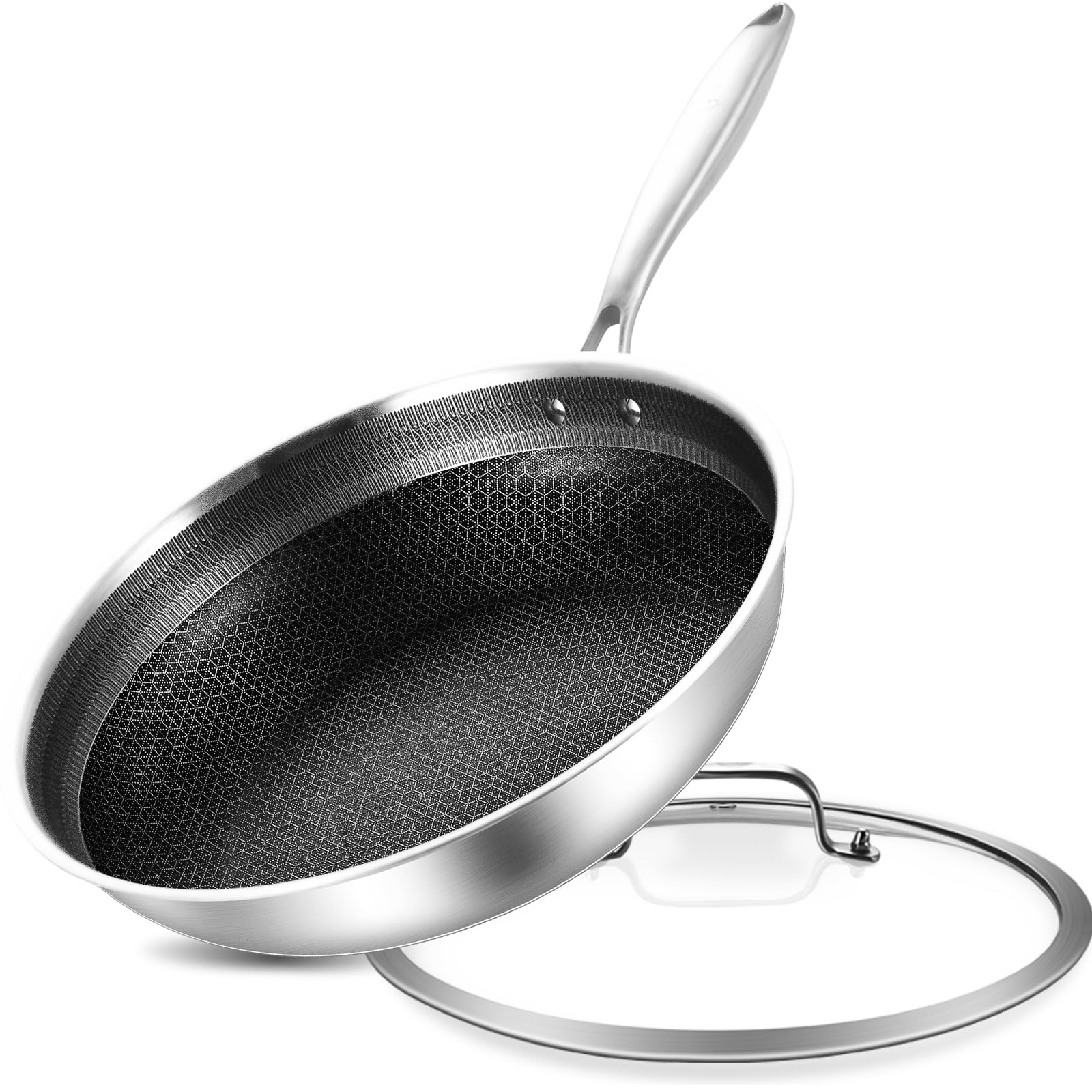 Inqibee 10 Inch Hybrid Tri-Ply Stainless Steel Sauté Pan with Lid - Nonstick Induction Skillet, Oven Safe & Heavy Duty Chef Pan with Riveted Handle - Perfect for Searing, Frying & Cooking Pasta